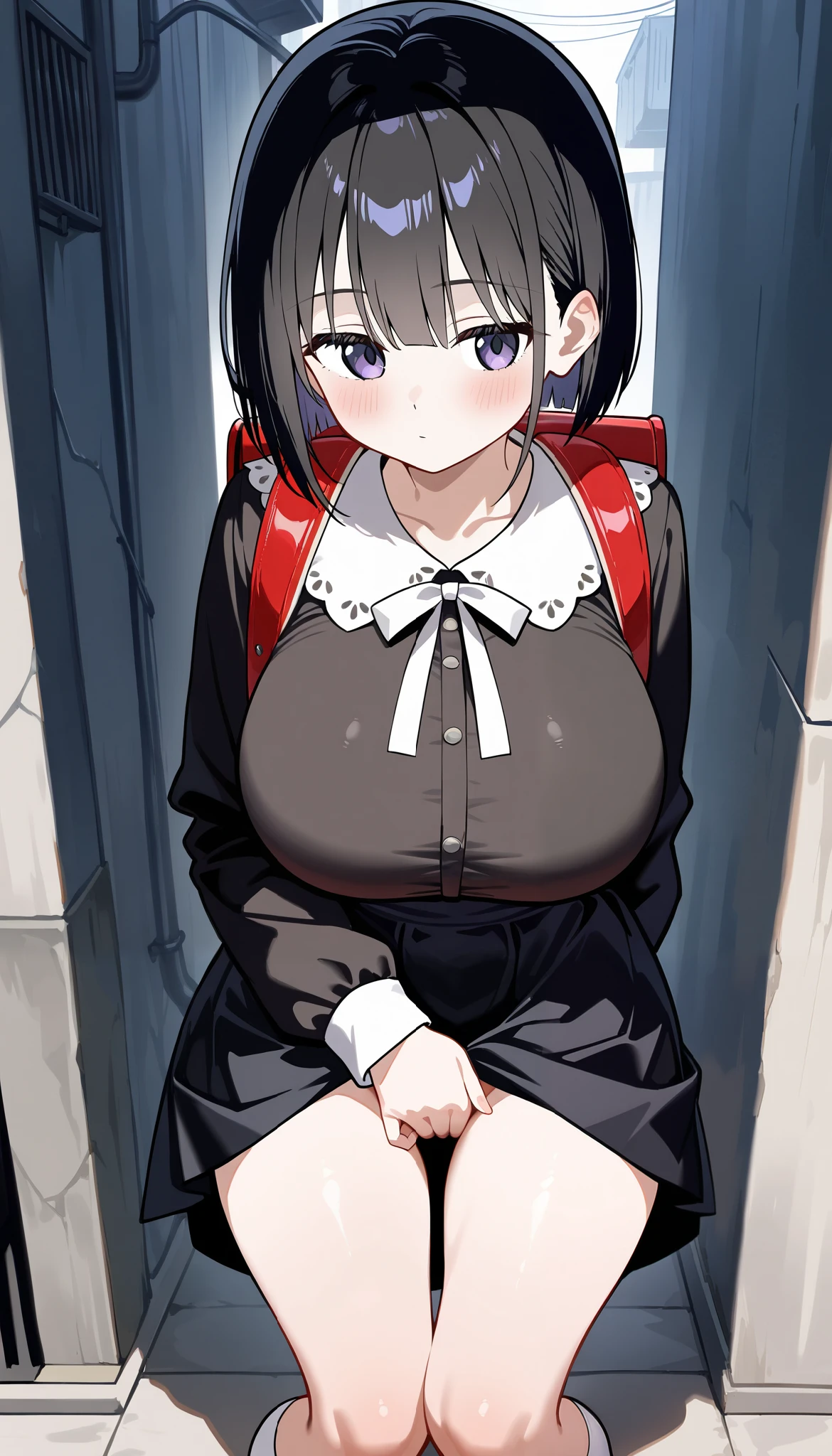 1girl, medium breast, long brown hair, copper hair tips, brown eyes, glasses, (swept bangs), maid uniform, dark blue dress, black shirt, puffy sleeves, long sleeves, white gloves, maid headdress, broken look, broken, blushing, tears, lying on the floor, cum, blood, cum and blood flowing out of pussy, bare breasts, pubic hair