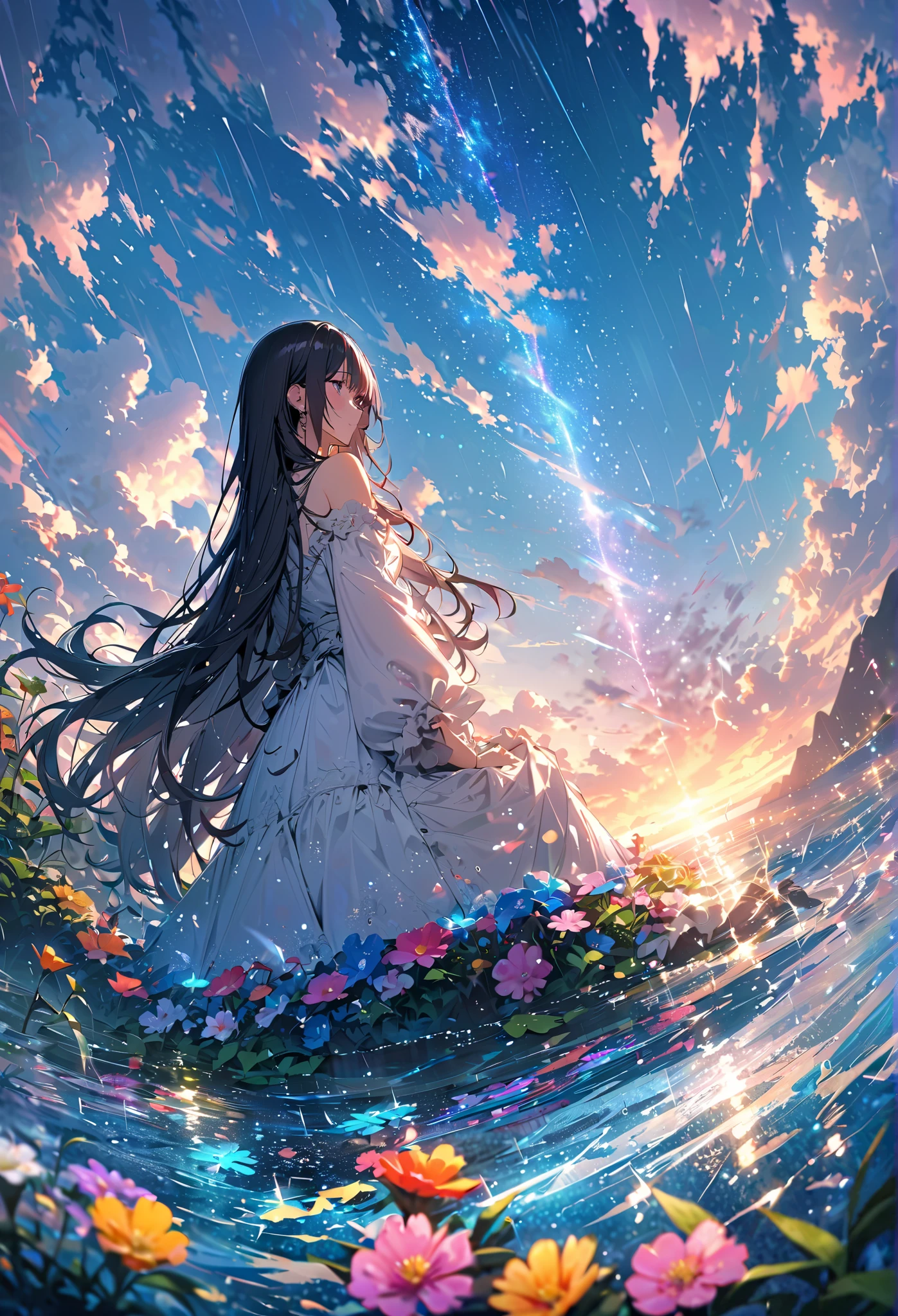 (water color art: 1.5) Watercolor Artwork, a picture of a flower meadow at night, stars above, moon light, lightly clouded, moon rays caressing the flowers, high details, best quality, 16k, RAW, [best detailed], masterpiece, best quality, High Detail, Ultra High Quality, High Resolution, 16K Resolution, Ultra HD Pictures, 3D rendering Ultra Realistic, Clear Details, Realistic Detail, Ultra High Definition