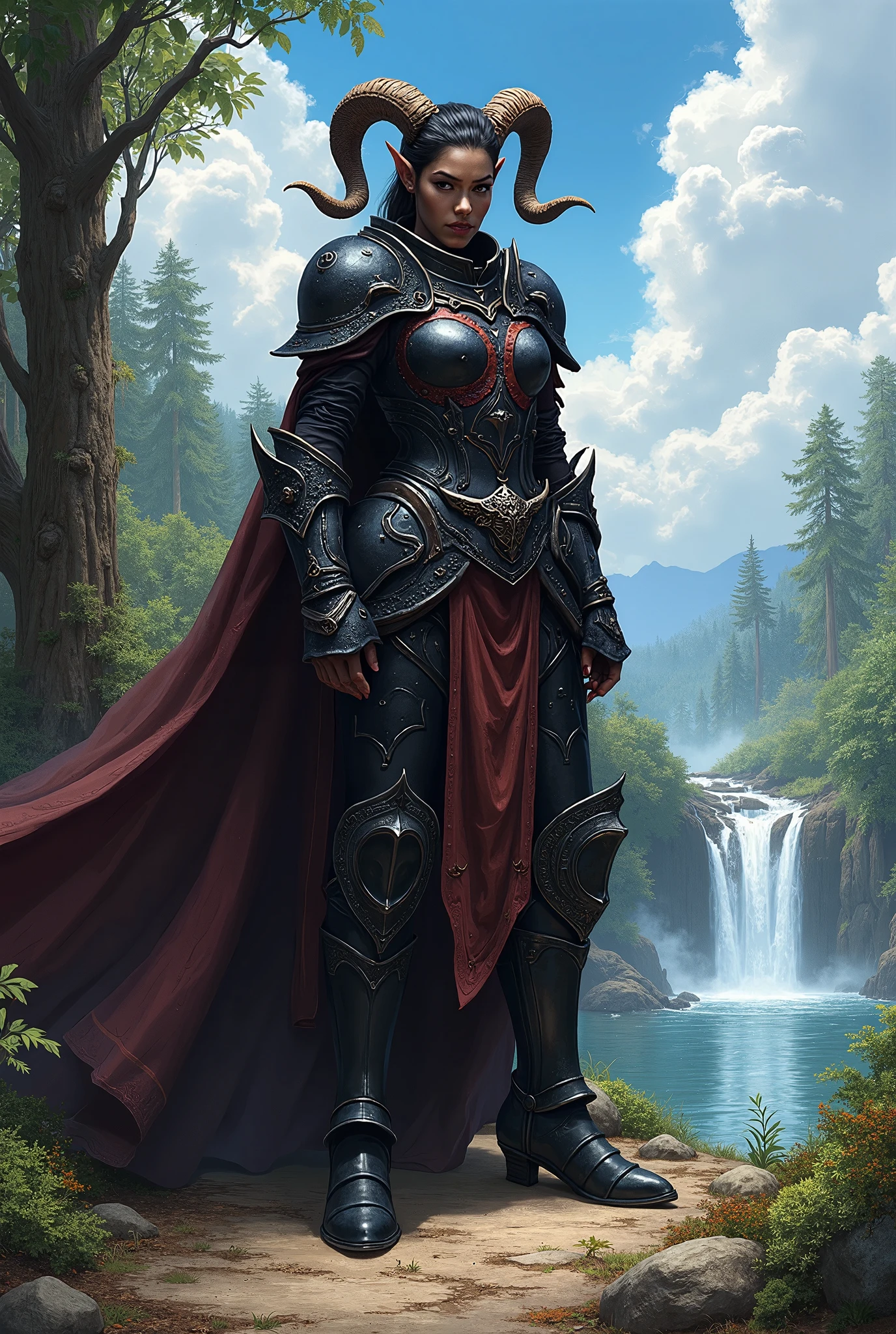 1 girl, (((oni girl))), (((red skin))), horns, white hair, ponytail, (((adventurer outfit))), explorer, researcher, fascinated expression, full body portrait, outside, forest, mountains, butterflies, flowery meadow