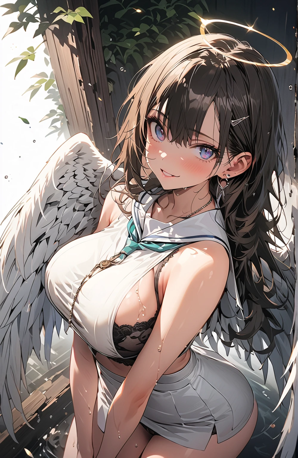 ((Highest quality)), ((masterpiece)), (detailed),((angel)),, Black Hair,(Childish face),((Straight Hair)), shiny hair, Girl ,Medium Breasts, ((Naked)),(topless),Big wings,White Wings, ((Blue eyes)),half-smile , Sunlight, from_behind, ((arched back)), (close_up) ,upper body ,Many Stars ,(Cloud World), (In the sky),(Lots of bubbles),
