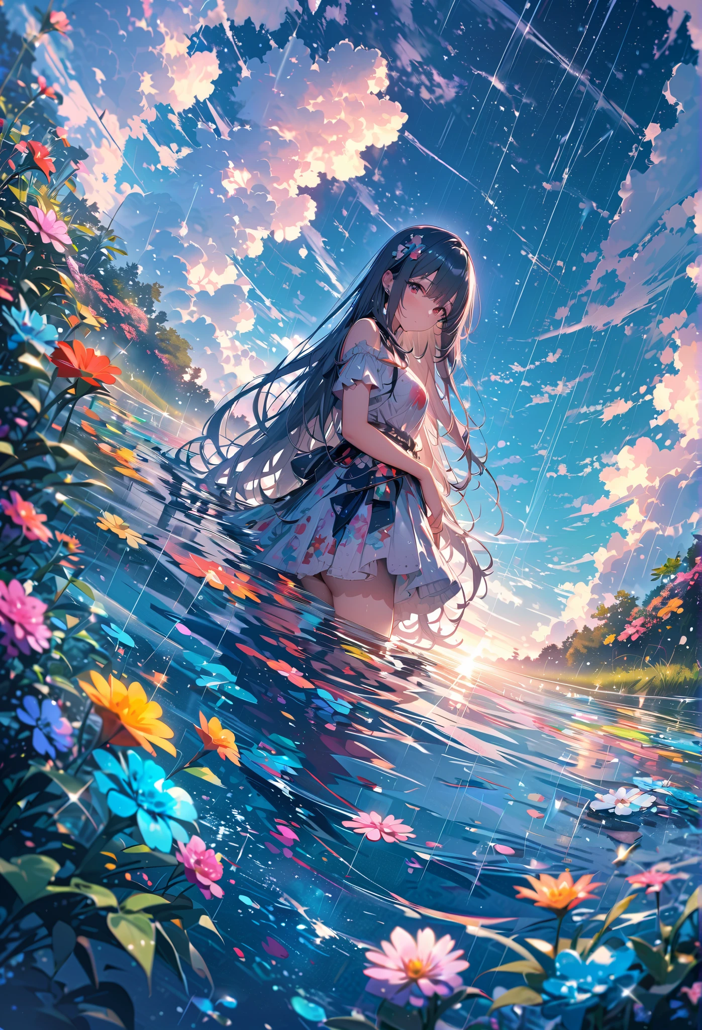 Anime girl in the water with flowers and rain - SeaArt AI