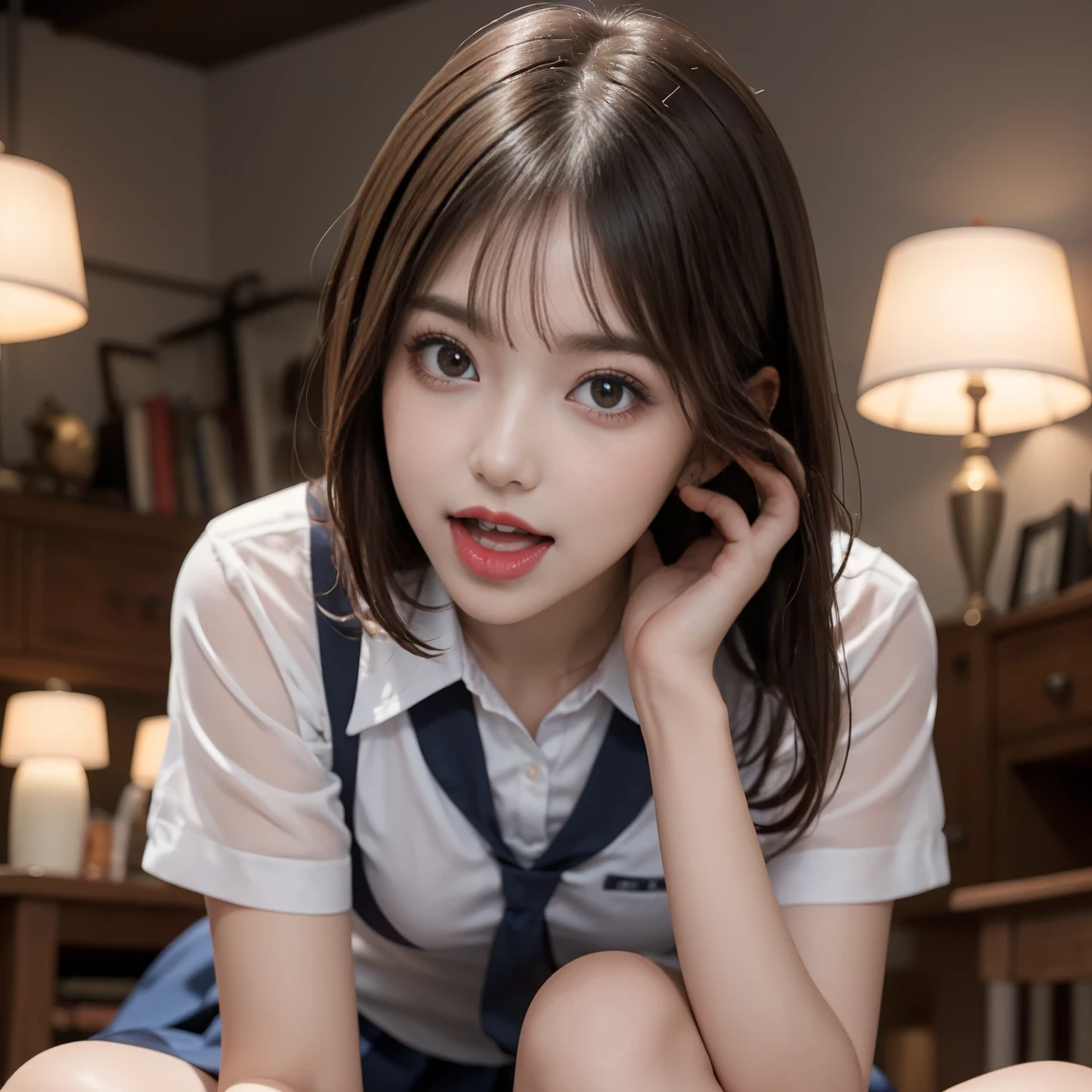 ,Short sleeved white shirt,Grey checked tie,Grey checked mini skirt,Navy blue socks,(open mouth,tongue out,lick),Sitting on a black sofa,looking ahead,from above,flont view,face focus,(1girl,Beautiful 14 year old girl),((Slender,Small breasts,Small face,)),looking at viewer,Black Hair,bangs,one side up,Beautiful and detailed,Mischievous smile,Dimly lit room,Simple Background,Black background,
