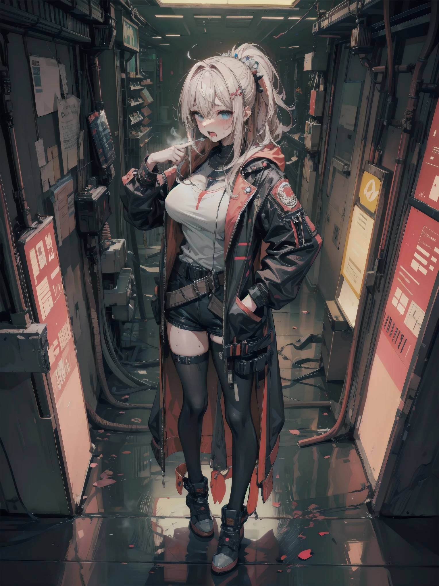 ((masterpiece)), (best quality), official art, extremely detailed CG, unity 8k wallpaper, ultra detailed, highly detailed, 
1girl,  vermilion  bodysuit,  red  jacket, 
split ponytail, platinum blone hair, 
 outdoors, spacecraft, science fiction, (day:1.3), 
full body, 
 <lora:Bodysuit v13:0.8>