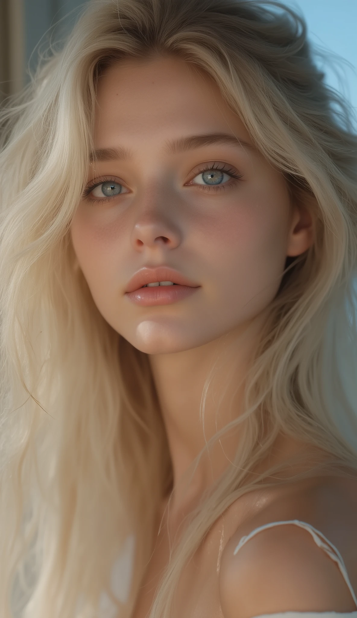 Blonde woman with blue eyes and long hair posing for a picture - SeaArt AI