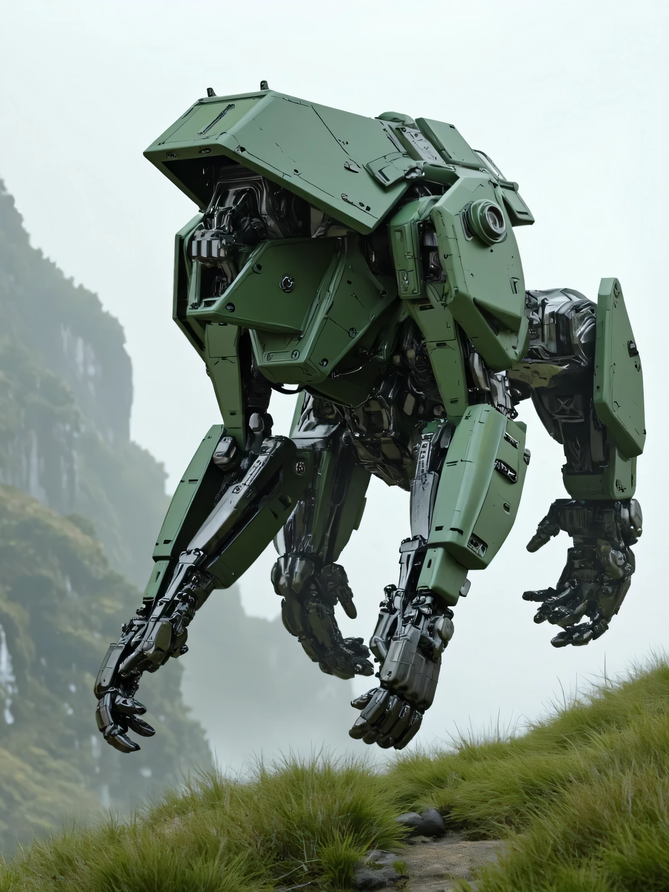  Mechanical Gorilla Model A , 3 meters high ,  Seeborg style  ,   The whole body and the head are army green metal body  ,  The cockpit is opened from the chest position with the cockpit door, Mecha has a square appearance , （Palmless structure ,  All limbs are robotic arms and five fingers ）,   Hand joints are black mechanical structure  ,  Armor is military green metal material ,  back for jet engine ,  Attack pose jumping from above ,   high resolution  , masterpiece,   High detail,    High Quality   , panoramic, super wide angle,    Background is cliff edge , Underneath the grass  ,   mechborg style , uni_Sci_fi_CORE