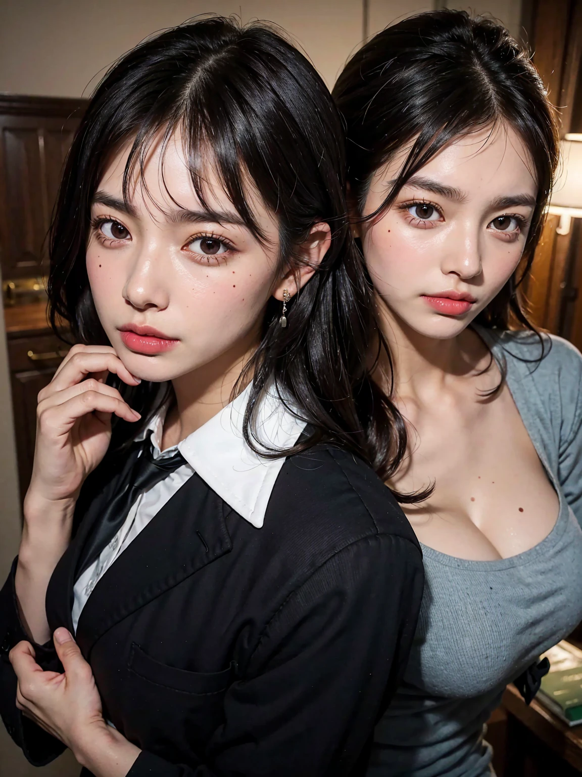 (Highest quality、Realistic、masterpiece:1.3)、double eyelid、Detailed eyes、完璧な姿の美しいwoman:1.4、male1、woman1people、(Office at night:1.5)、Men and women having affairs、Young Office Lady、(Elderly boss)、Small breasts、Night view from the window、
