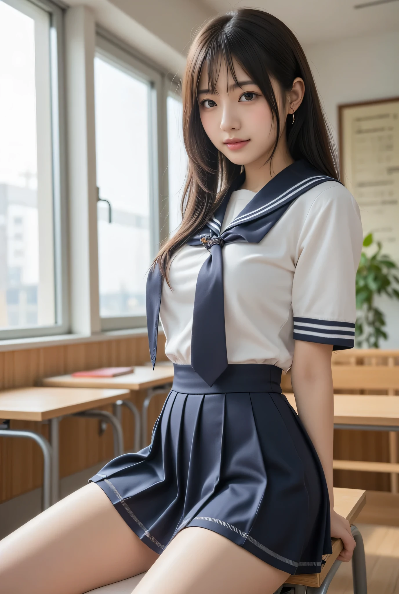 japanese cute idol, Japanese cute girl, kawaii, a beautiful young girl dressed up as a sailor girl in the school teacher's room , 1girl, solo, school uniform, serafuku, skirt, black hair, long hair, looking at viewer, socks, masterpiece, best quality, hyper detailed, insanely detailed, 16k, absurdres, japanese,cute, kawaii, photorealistic, Realism, raw photo, real person, , ENAKO ,