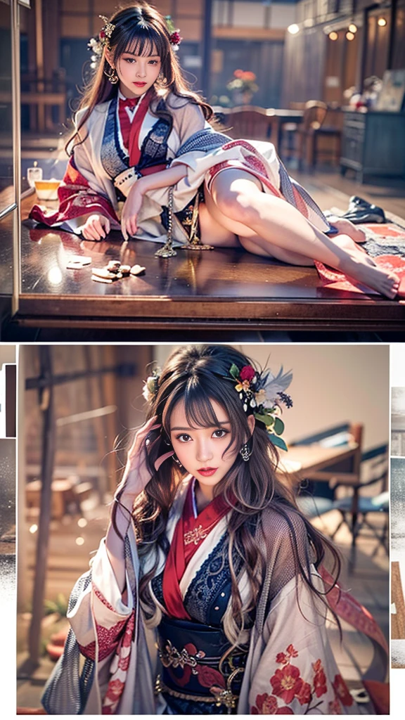 best quality, masterpiece, realistic, photorealistic, 1girl, solo, looking at viewer, full body, long hair, asuka cosplay costume, cosplay, shirt and skirt outfit, hair ornament, simple background, she is laying down
