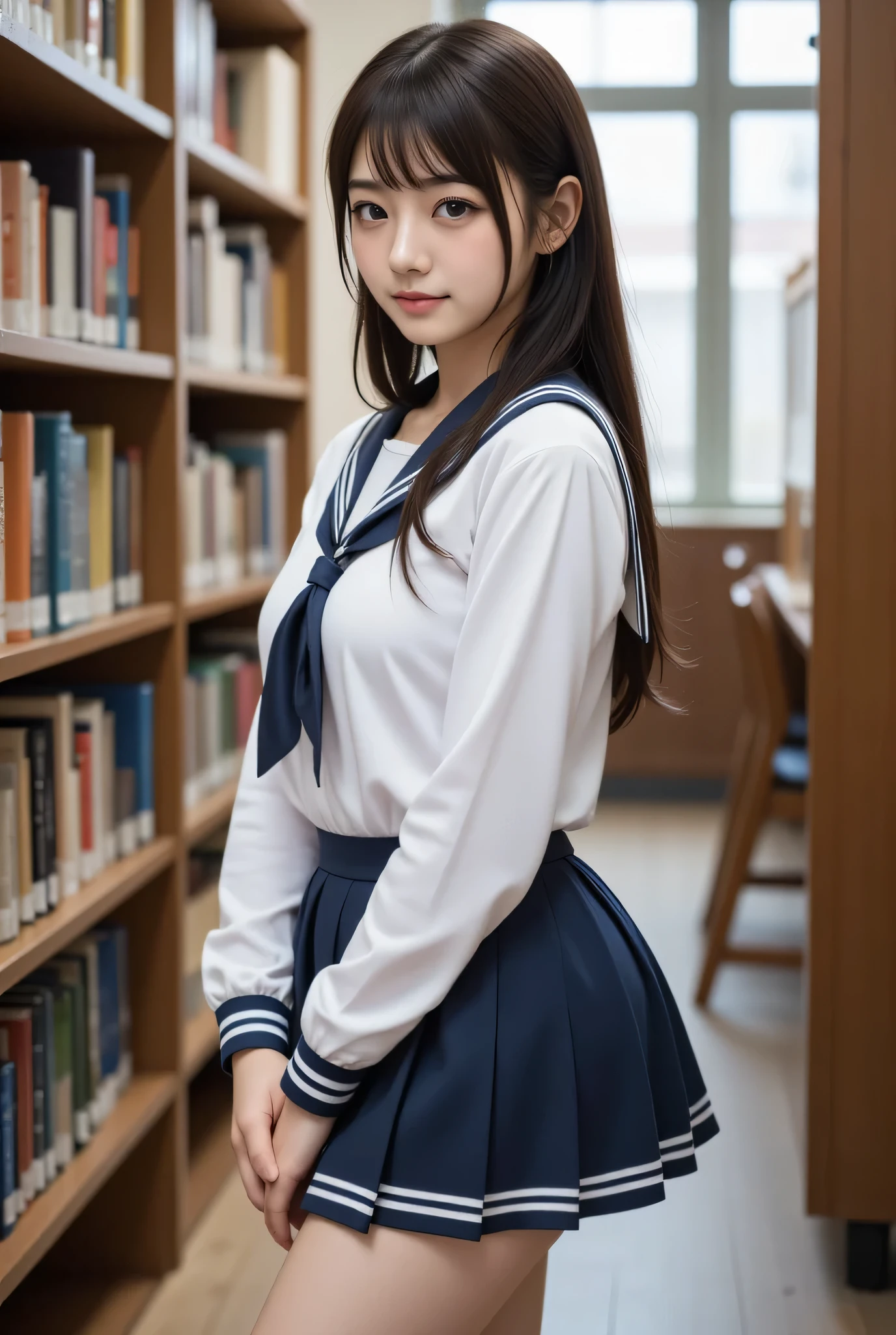  japanese cute idol, Japanese cute girl, kawaii, a beautiful young girl dressed up as a sailor girl standing library in a school , 1girl, solo, school uniform, serafuku, skirt, black hair, long hair, looking at viewer, socks, masterpiece, best quality, hyper detailed, insanely detailed, 16k, absurdres, japanese,cute, kawaii, photorealistic, Realism, raw photo, real person, 