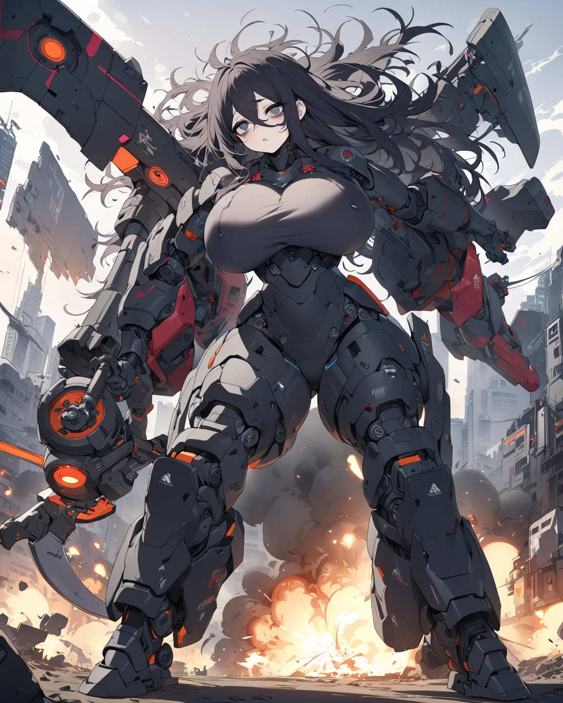Katsuhiro Otomo, Masamune Shirow, Surreal, mysterious, strange, fantastical, fantasy, Sci-fi, Japanese anime, beautiful high school girl in a miniskirt assembling a combat robot, small factory, girl who loves machines, perfect voluminous body, huge tits big ass, provocative body, sexy erotic, mad scientist, hyper detailed masterpiece, mechanical, cable and tubes, super fine lines,