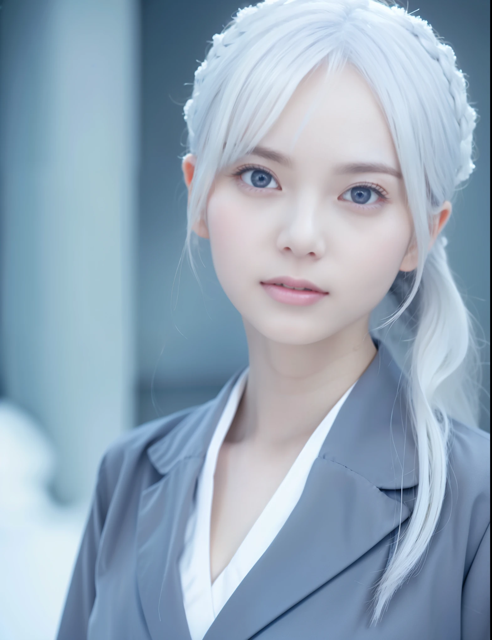 Gray Hair、 nurse uniform、Leave it up to me hairstyle 、 pure white and pale skin、Blue Eyes、 Slightly Bigger Breasts、White skin like snow 、 pure white hair、pure white eyebrows 、White、albino、White eyebrows、 pure white skin like snow