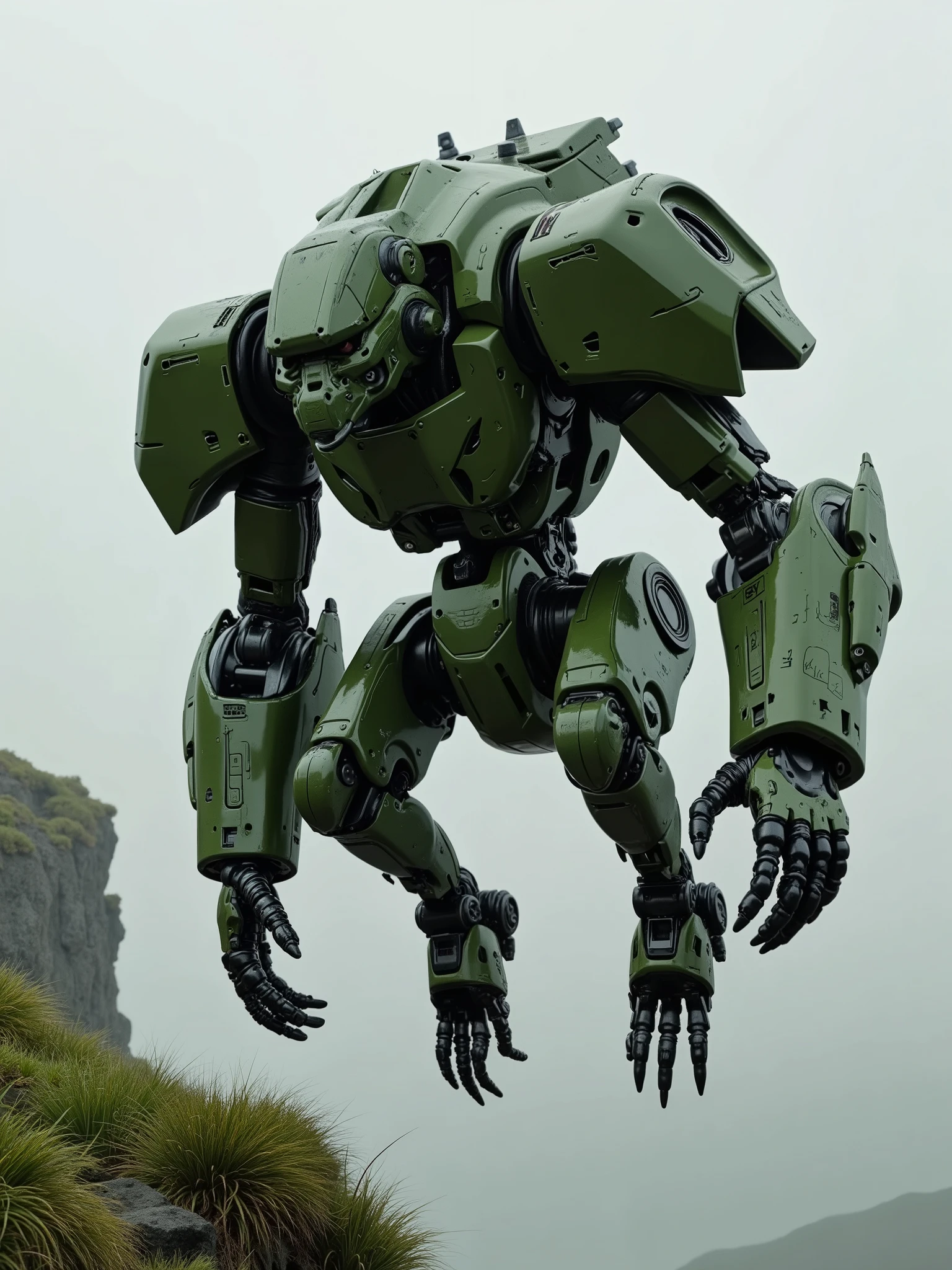  Mechanical Gorilla Model A , 3 meters high ,  Seeborg style  ,   The whole body and the head are army green metal body  ,  The cockpit is opened from the chest position with the cockpit door, Mecha has a square appearance , （Palmless structure ,  All limbs are robotic arms and five fingers ）,   Hand joints are black mechanical structure  ,  Armor is military green metal material ,  back for jet engine ,  Attack pose jumping from above ,   High resolution  , masterpiece,   High detail,    High Quality   , panoramic, super wide angle,    Background is cliff edge , Underneath the grass  ,   mechborg style , uni_Sci_fi_CORE
