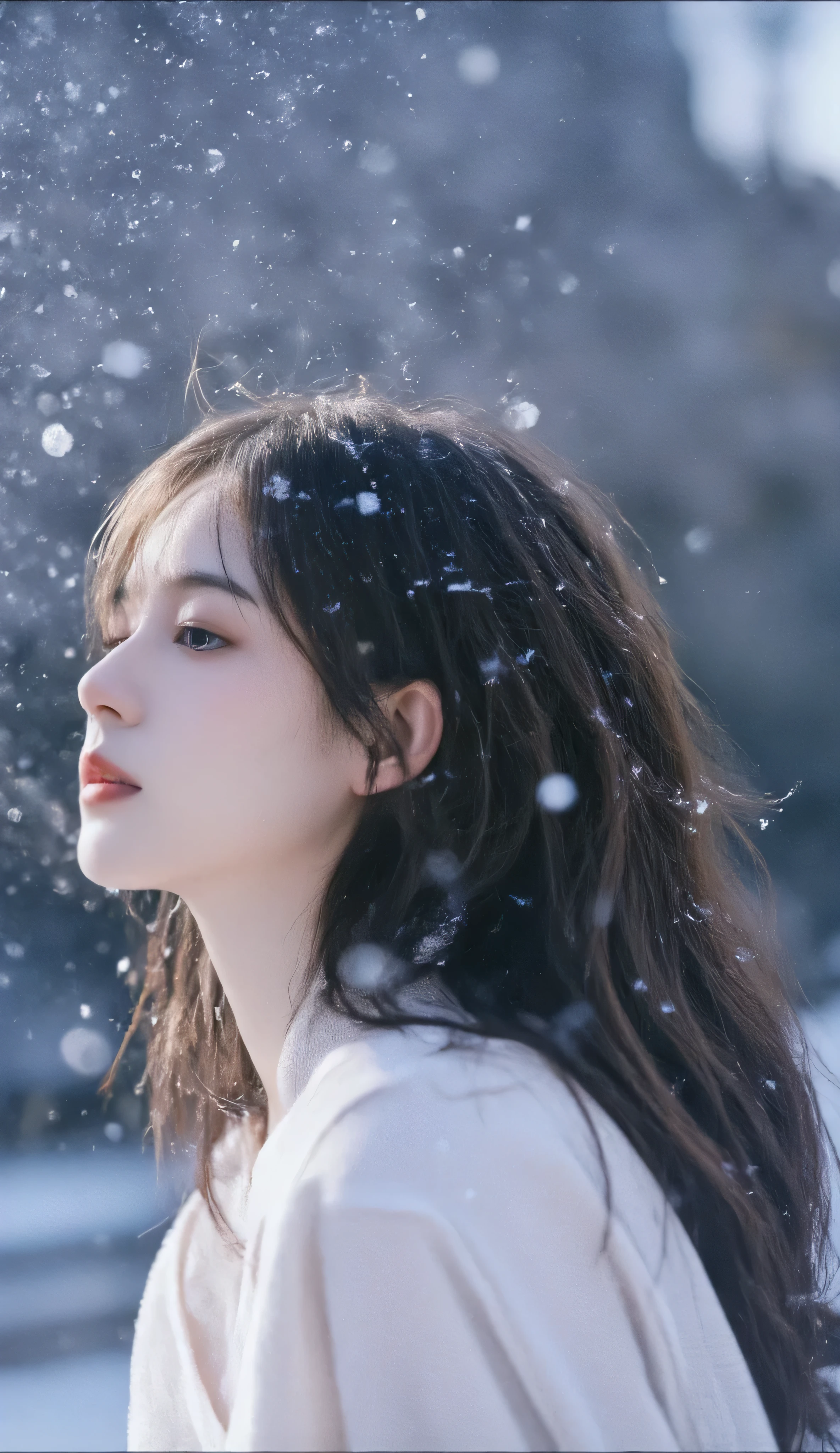 （ masterpiece,  best quality :1.2), winter,1 female, [ White Breath] 、( Excellent)Winter Festival  、  snowflake、❄️、Movie Lighting , facial close-up , background blur,  Excellent Atmosphere