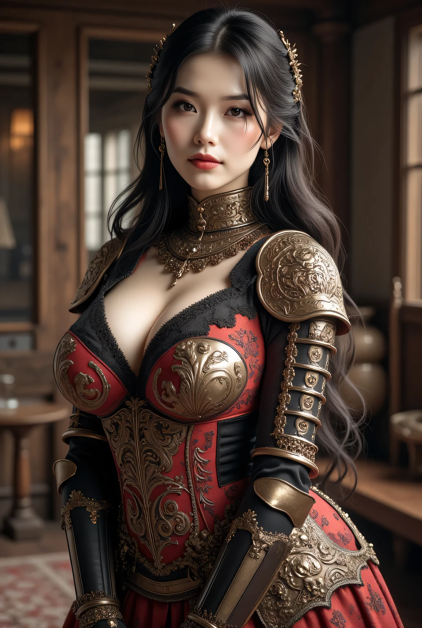 Highest-quality, Photographic-quality, UHD, HDR, RAW-photo, Photo-realistic, Absolute masterpiece,
Elaborate armored-dress that is depicted in ultra detail, Gothic-armor, Indoors,
Very beautiful Japanese woman, Big breasts, make-up, "without blush", "without cheek color", "without cheek powder", wavy hair