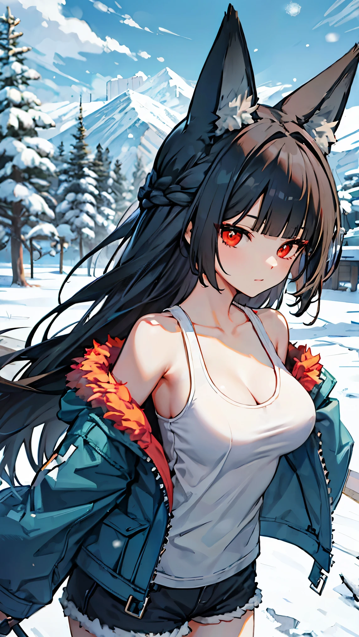 best quality 、、(Whitening skin)、 black hair, long hair, red eyes, fox ear,Petite、 slender, big breasts, slender, red cheeks , Snow Scenery , jacket ,fur, tank top, shorts, cleavage in years,