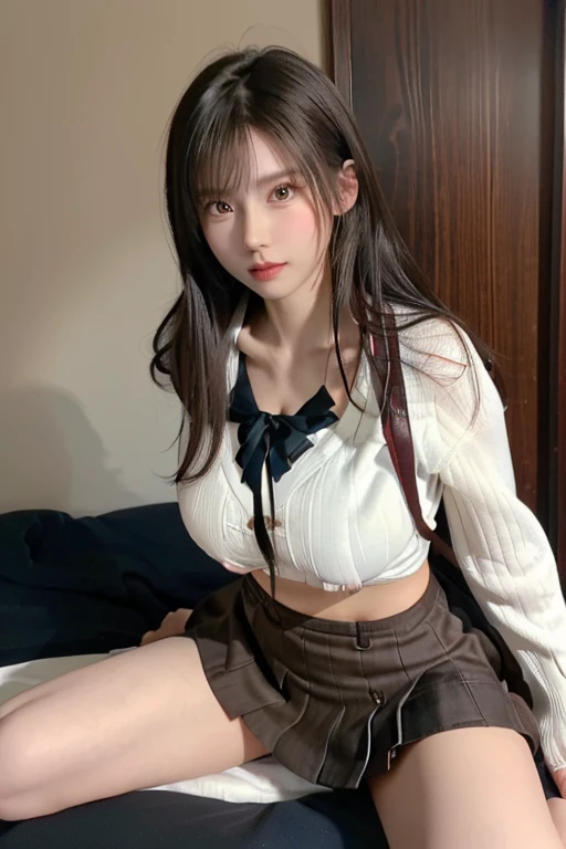 raw photo, 8k, (top-quality), Realistic, (real picture, Intricate details), (natural skin texture, detailed skin, hyper realism, sharpness), Japanese teenage glasses girl standing in a recording studio, White see-through bra, (pleated red plaid skirt), white Socks, (pale skin:1.2, flat chest:1.4), slender body, ((wavy hair, messy bangs)), (glasses seductive face, Parted lips:1.3, eye bag:1.2, red thick lips), thighs, recording equipment, full body shot