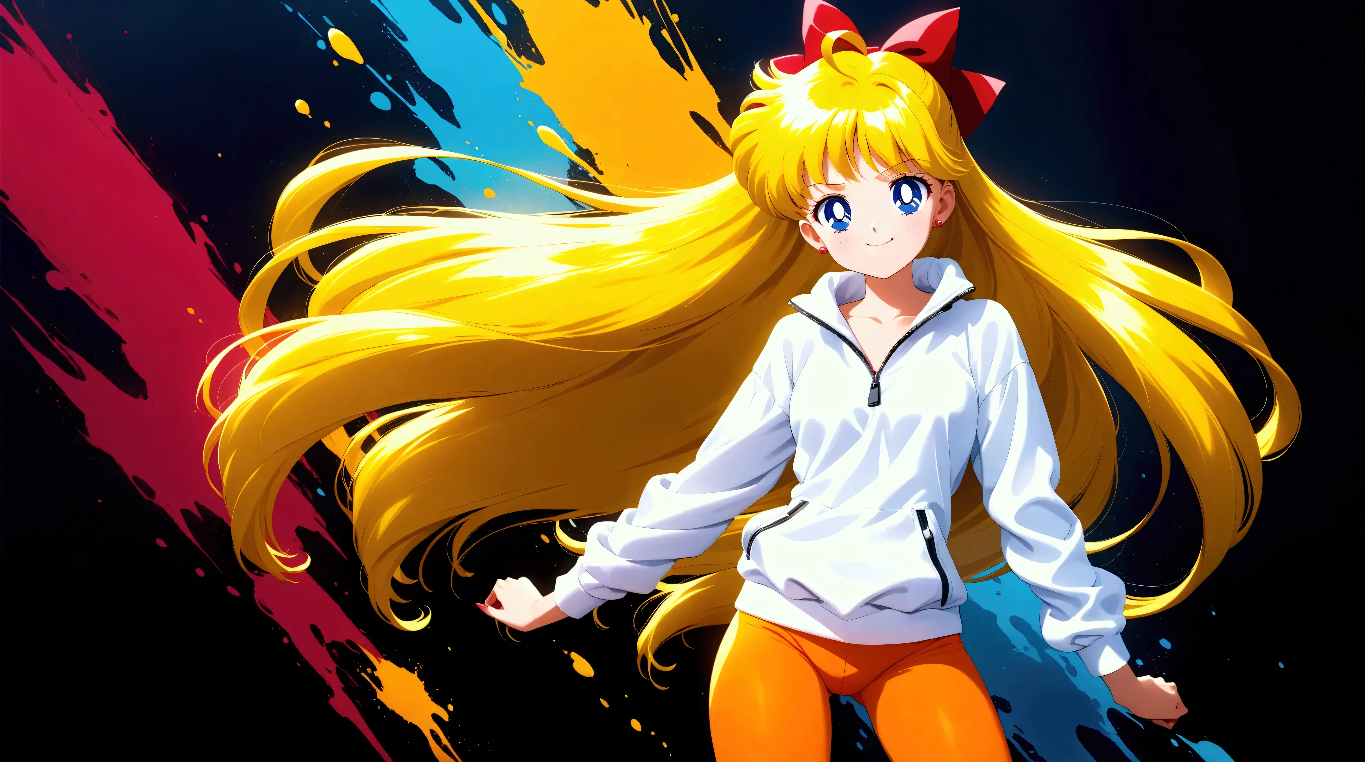 (masterpiece, best quality, very aesthetic, ultra detailed), intriguing details , 4K, one girl, full medium shot, aavenus, long hair, blonde hair, hair bow, earrings, blue eyes, smug, cowboy shot, small breasts, (((dramatic)), ((intense))) photo featuring a age girl with ahoge and as the central character. She stands confidently in the center of the poster, wearing a Half-zip Sweatshirt, orange leggings, gothic accessories, with a happy expression on her face. The background is dark and gritty, with a sense of danger and intensity. The color palette is mainly dark with splashes of vibrant colors, giving the poster a dynamic and visually striking appearance, tachi-e, (cover-style:1.3), fashionable, woman, vibrant, outfit, posing, front, colorful, dynamic, background, elements, confident, expression, (aesthetic body), anime, (ultra sharp, textured skin, beautiful detailed face, dynamic lighting, dynamic shadow, Super Detailed)