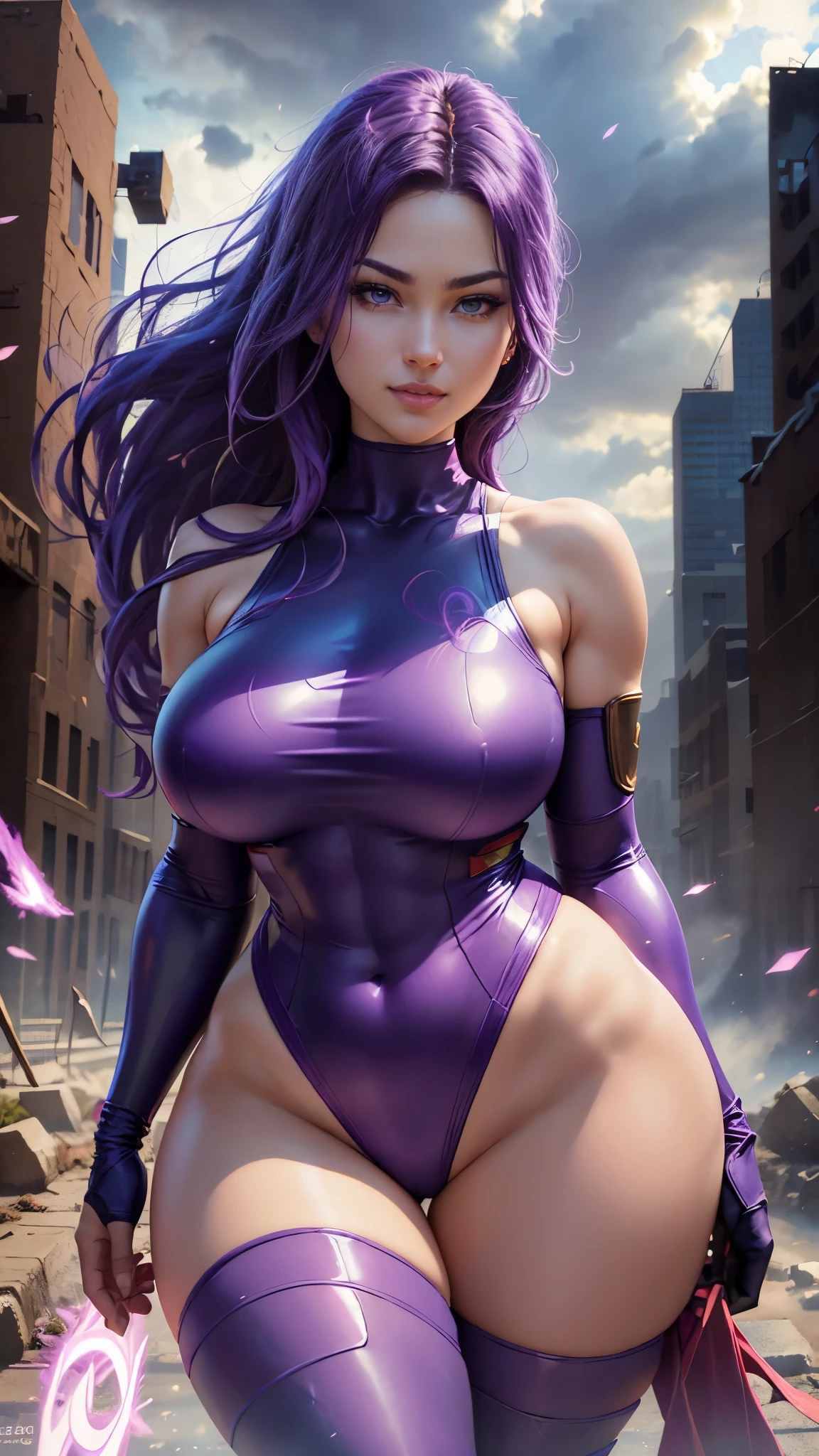 Psylocke da Marvel,(best qualityer,4K,8k,high resolution,work of art:1.2)(weather: cloudy), (curvy body:1.3))), new york background, city ruins, long curly hair, purple hair, sleeveless leotard, arm long fingerless gloves, long red belt, thigh high stockings, high heels, light makeup, flirting pose, ultra detailed,portrait,realistic,beautiful detailed blue eyes, beautiful detailed lips,extremely detailed eye and face, long eyelashes,average, large breasts,flying hair,beaming smile, sexy smile,powerful girl in combat, bright coloured, dramatic lighting, purple sparks,