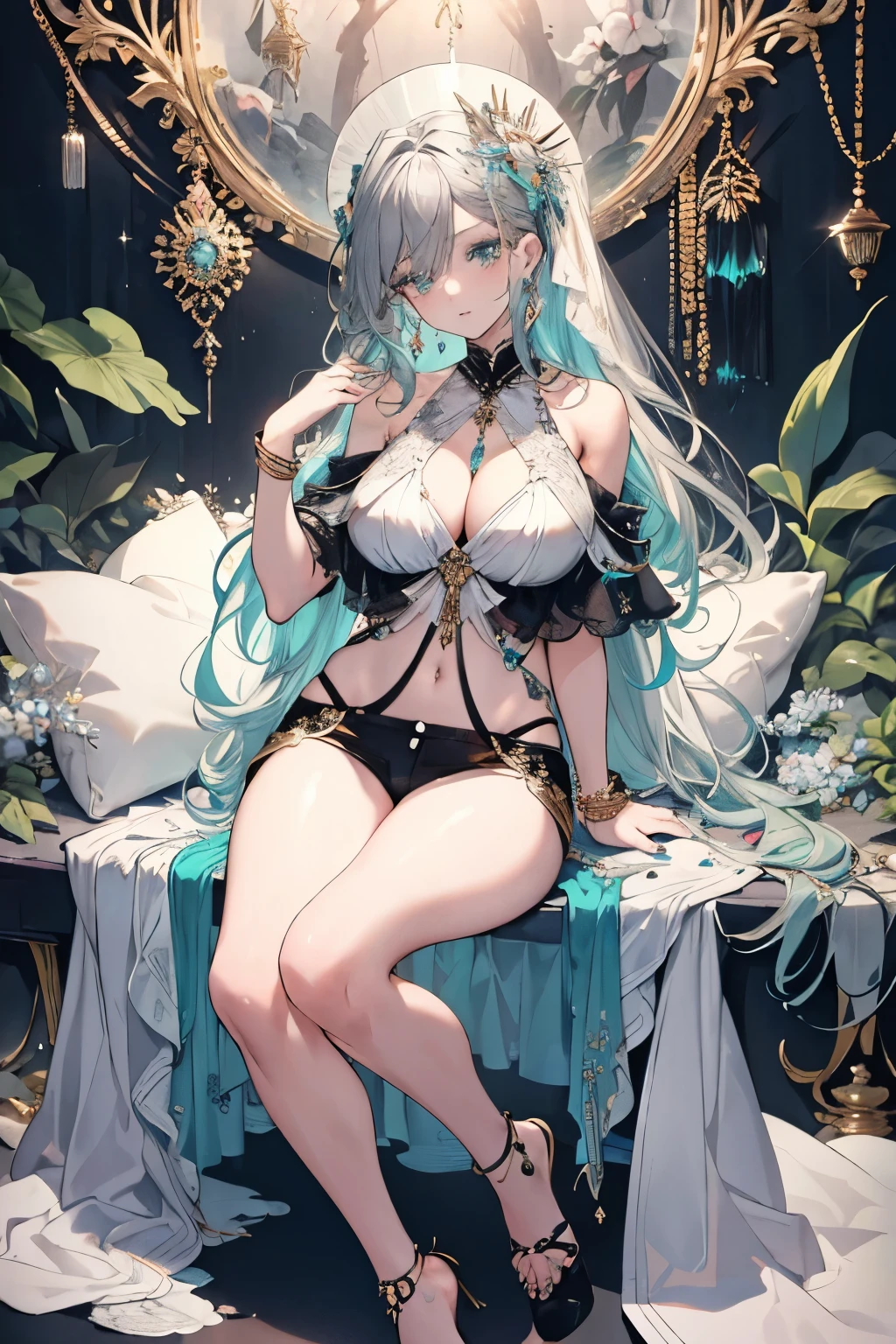 High resolution RAW color art, animation,Sculpture, Silver Marble Skin, (((Highly detailed elegant))), Magical atmosphere, Detailed skin, texture,(Exquisitely crafted, The finer details, Ultra-detailed art), Depth of written boundary,  Silky Touch, Hyper Detail, White Background,  Beautiful Eyes, Elegant face, eye shadow、(Highest quality:1.2, High detail, masterpiece:1.2, Best aesthetics), (1 Girl), Beautiful woman, Beautiful attention to detail, Beautiful lip detail, Highly detailed face, Delicate depiction of hair and eyes, Detailed Fashion, Aqua Eye, Earrings, Big Breasts,Full body depiction, ,Focus on the user, Bare legs, Black nails, Black off-the-shoulder, Black shorts, Gray Hair, Gold bracelet, Long Hair, Light blue inner hair、Hair、Blushing and looking up、Cover the chest!!!!!, cover sensitive areas, cover firmly 