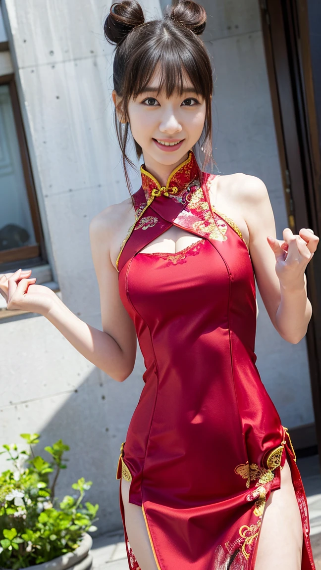 The pink cheongsam has no pattern,Very transparent,Silk cheongsam,The cheongsam neckline is symmetrical,The cheongsam connection is correct,high qulity,Look at the viewer,Shy-eyed,
