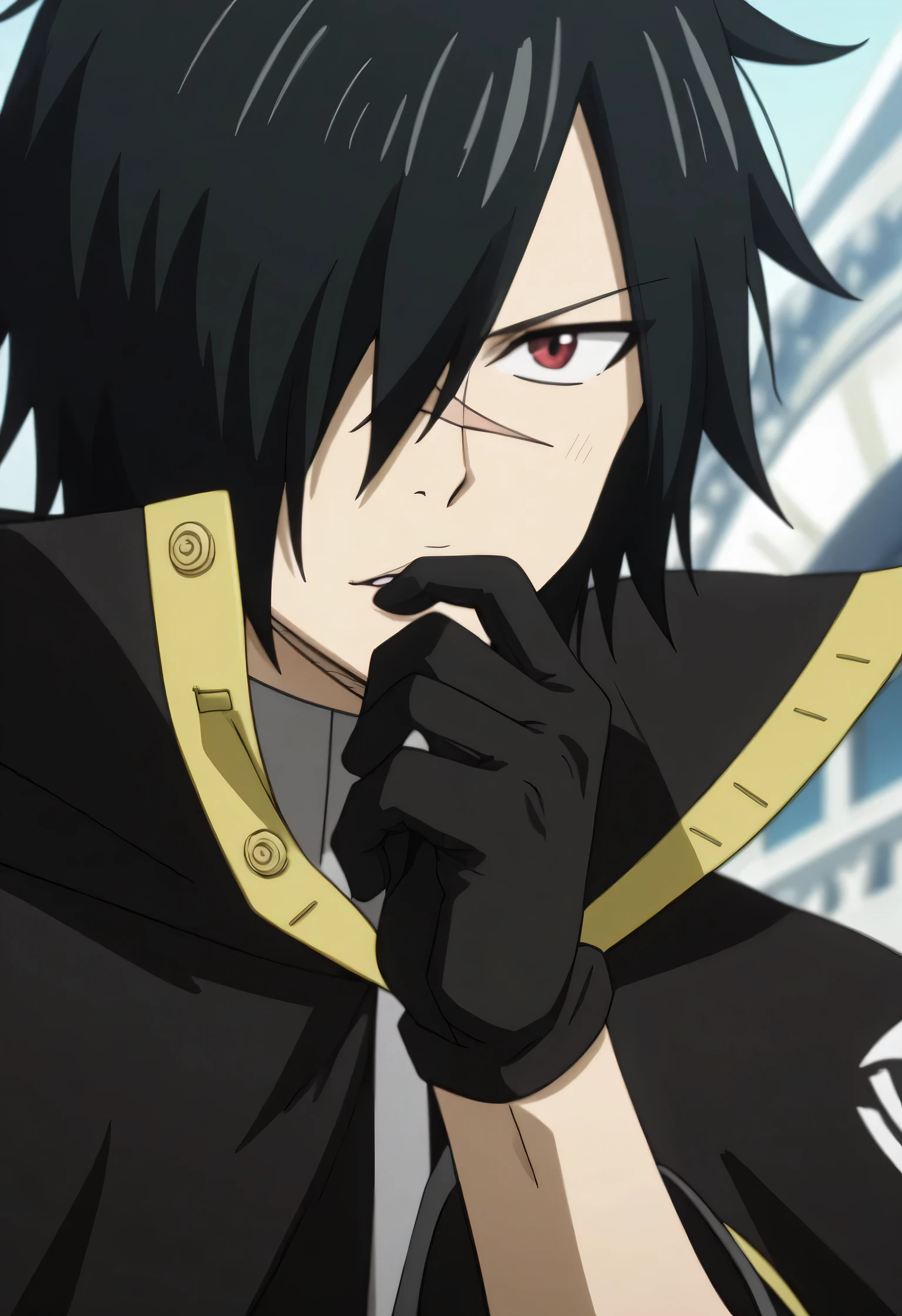 score_9, score_8_up, score_7_up, intricate details, anime screencap, depth of field, 1boy, solo, male focus, rogue_cheney, black hair, red eyes, , hair over one eye, scar, close-up, a dark and elegant outfit, consisting of a long black hooded cloak, close-fitting to the body. He wears a dark long-sleeved shirt under the cape, tight black pants and knee-high leather boots. A simple belt and black gloves complete her look, He is blowing a kiss with his hand, with a tender smile, slight blush, smiles in love.