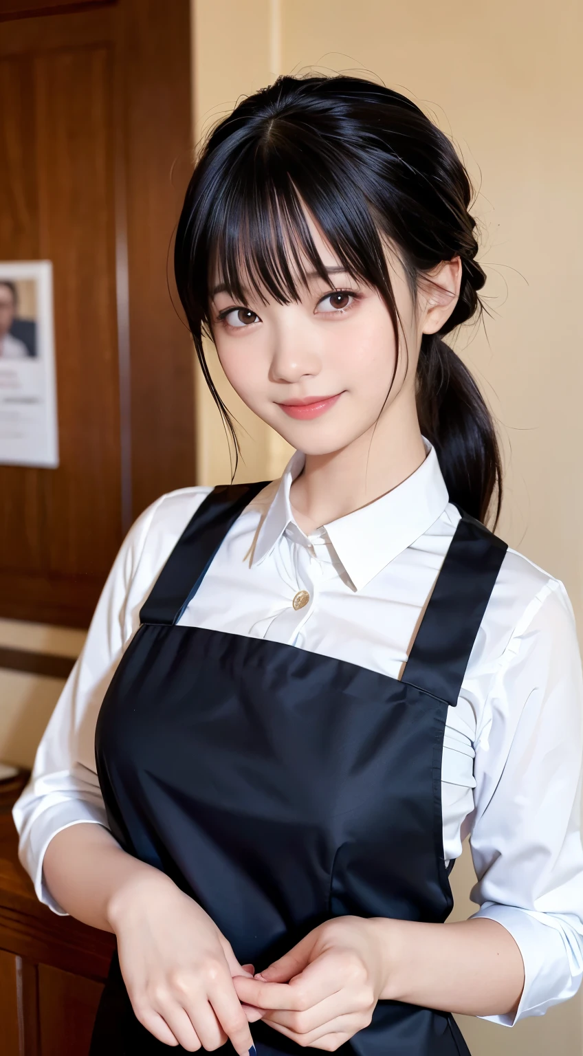 (highest quality,masterpiece:1.3,Ultra-high resolution,),(Very detailed,Caustics),(Photorealistic:1.4,RAW shooting,)Ultra-Realistic Capture,Very detailed,High resolution 16K human skin closeup。 Natural skin texture、,Pores、、、、It must be detailed enough to be easily identifiable。 Skin tone is even and healthy looking。 Use natural light and color,restaurant,Waitress Uniform,1 girl,Japanese,18-year-old,cute,Black-haired,ponytail,Big Breasts,smile,Turn your body forward,(Front view:1.1),Looking at the camera,Cowboy Shot,