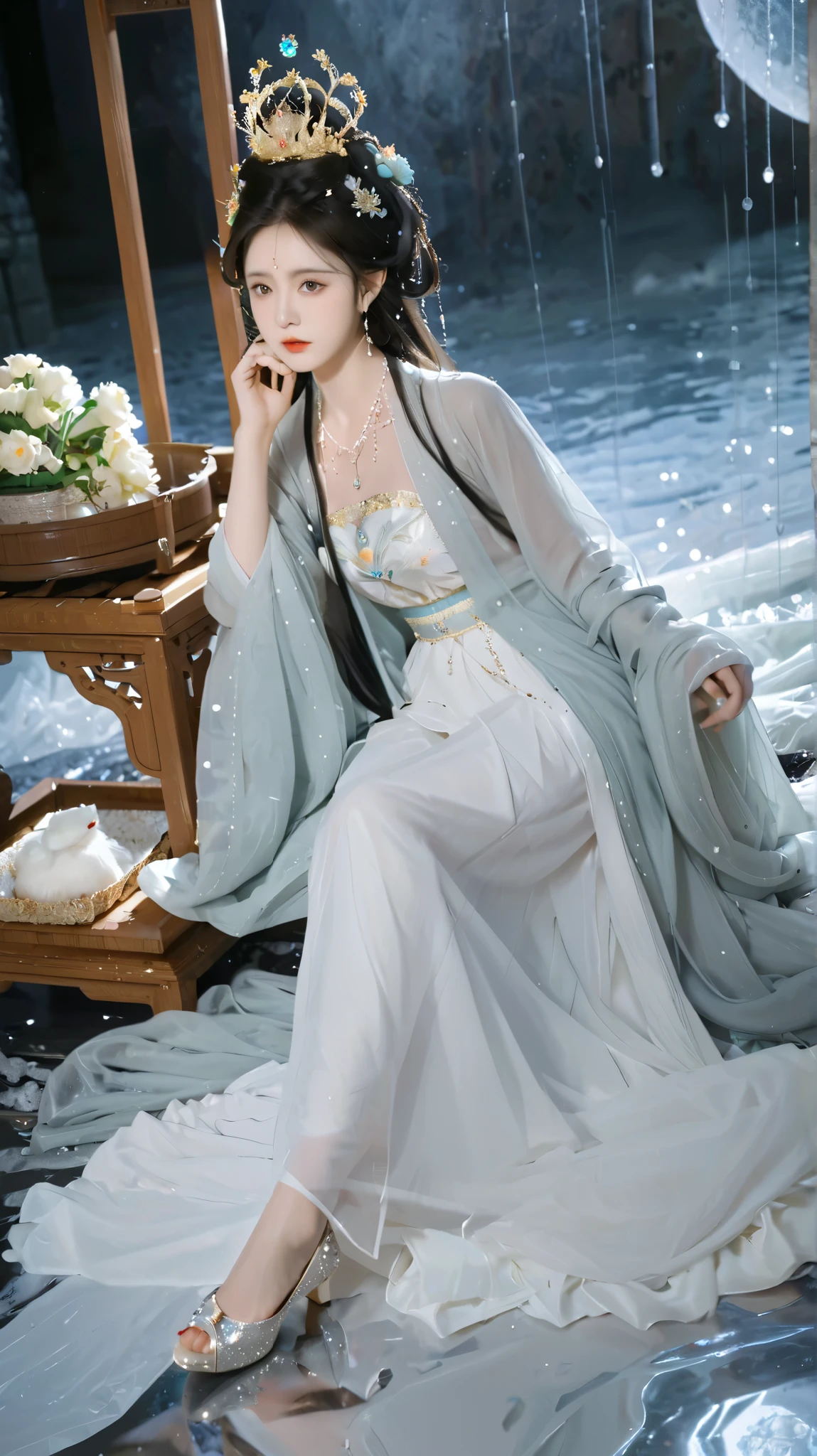 lazy girl ,robe,Tiara crown,Water-based clothing,Chinese Clothing, masterpiece, highest image quality ,The most beautiful art painting,8K,Crystal Shoes,Crystal Necklace,Crystal Jewelry,Daryl, trends at art stations ,pixiv,chosen, cinematic composition , Dramatic posture , Beautiful lights ,Sharp, details, super detailed,k hd