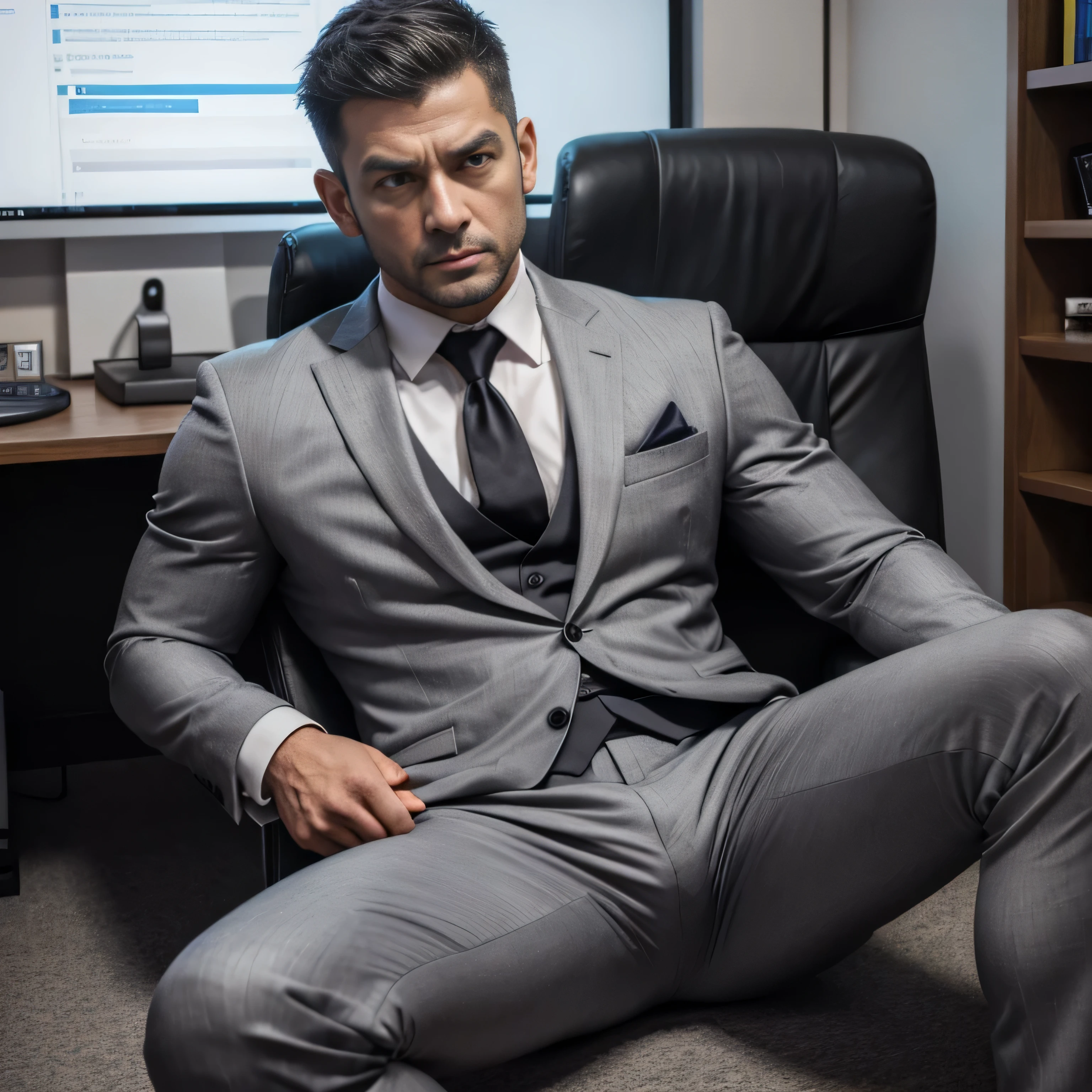 35 year old handsome , One Man,、 muscularity、Kosaka Ikuo。 grey suit ,black tie。 grey slim pants 、 shorthair 　、 office、 open leg 。 Sitting on the ground 、grey suit ,black tie。 、 grey slim pants 、 Lift your upper body 、Focus on facial expressions　　 Menacing look　Painful and painful face　ほほ笑む