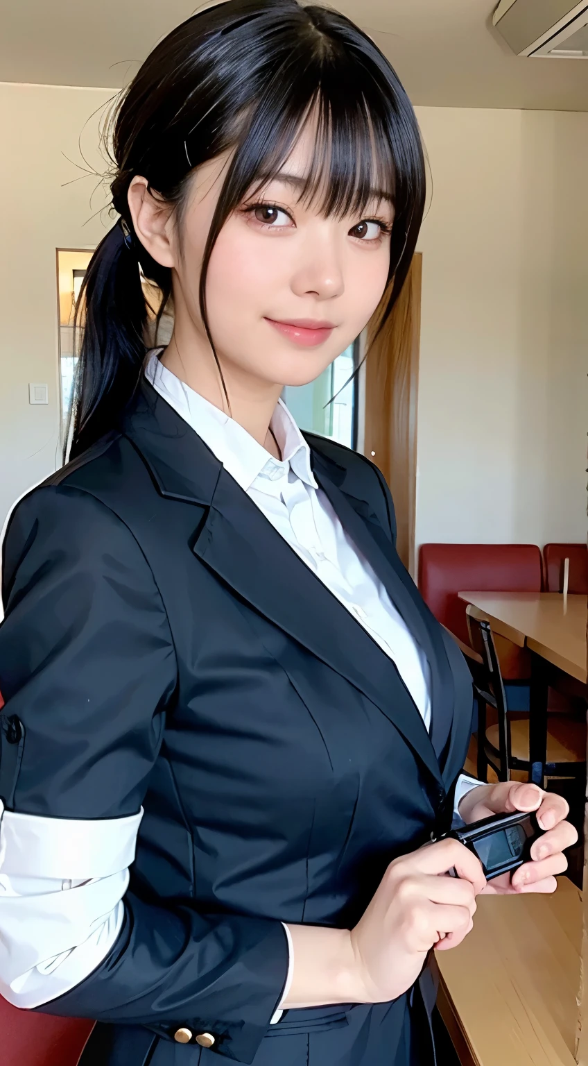 (Highest quality,masterpiece:1.3,Ultra-high resolution,),(Very detailed,Caustics),(Realistic:1.4,RAW shooting,)Ultra-Realistic Capture,Very detailed,High resolution 16K human skin closeup。 Natural skin texture、,pores、、、、It must be detailed enough to be easily identifiable。 Skin tone is even and healthy looking。 Use natural light and colour,restaurant,Waitress Uniform,1 girl,Japanese,18-year-old,cute,Black-haired,ponytail,Big Breasts,smile,Turn your body forward,(Front view:1.1),Looking into the camera,Cowboy Shot,