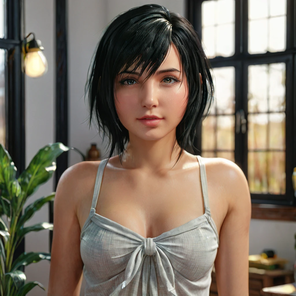 Sexy and cute woman, short black hair, bob style, kind soft delicate eyes, expressive eyes, seductive gaze, deepest pink blush, glossy red lips smiling parted, plump, long neck, visible collarbone, medium chest, white t shirt with black graphics tucked into black shiny pants, pinned against a wooden wall, intimate moment