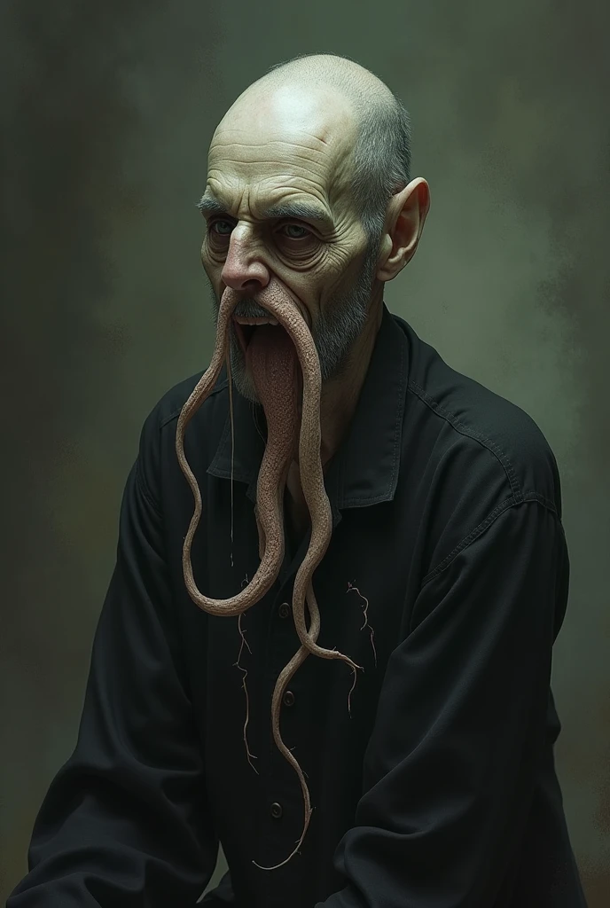 (extremadamente detallado, obra maestra, La mejor calidad), Estilo oscuro, intense illumination, rostro con arrugas, lengua larga, tentacle, deforme, monstruoso, un anciano con Colmillos finos, amenazante. Rococo composition. Luz de caravaggio