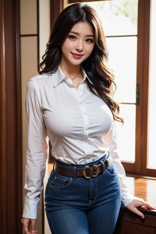 ((Highest quality))、Beauty、Big Breasts、smile、All open shirt、put on、Hemming、