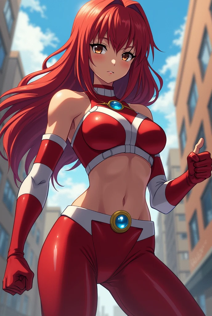 Teen titans, Starfire, anime, masterpiece, 1girl, ((bimbo))), smile face, green eyes, long red hair, , wide hips, thick thigh, big breast, huge ass, shiny skin, purple skirt, purple top, full body, /upscale (icone de um jogo), (icone de peitoral : 1.5), um peitoral , peitoral marrom, chest plate, peitoral pesada marrom, peitoral grosso, peitoral de Armadura intrincada, peitoral de armadura de fantasia pesada, peitoral detalhado, armadura ornamentada, peitoral de Armadura Paladina, peitoral dearmadura de batalha, intrincada peitoral, pants, body suit, sentai armor, metal hero