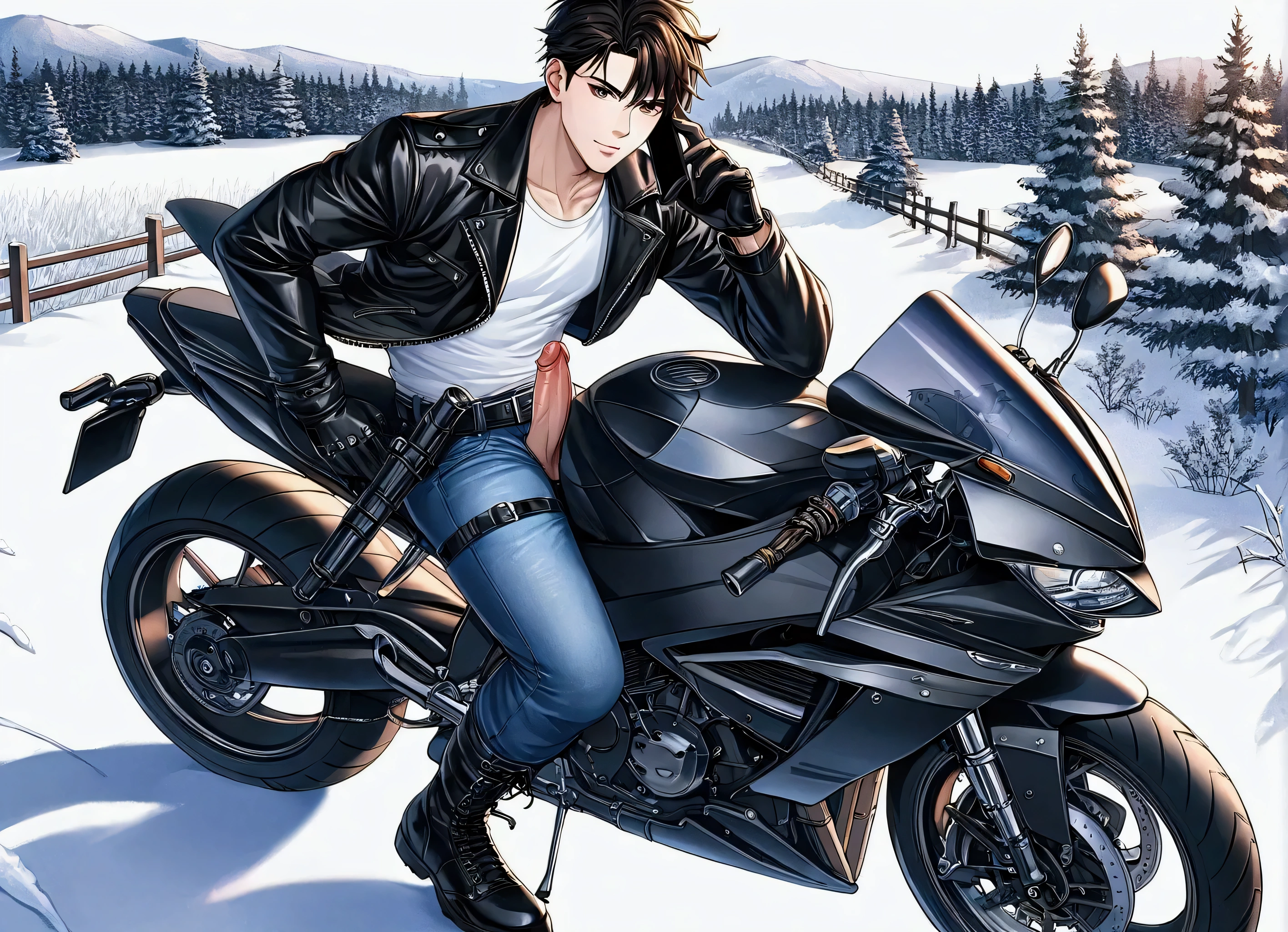 Create an image of a young man with black hair and a muscular build, wearing a white crew-neck T-shirt layered under a black leather jacket. He is dressed in blue jeans with a black leather belt, black motorcycle gloves, black combat boots, and a black thigh holster for a handgun. The man is riding a black motorcycle on a grassy field beside a stream in a forest And the zipper of his pants was pulled down, revealing his erect penis. One of his hands is holding a black phone against his ear, while the other hand is gripping the throttle of the black motorcycle. The image should be created in a detailed, colorful anime-style illustration, with the scene set during winter with snow.