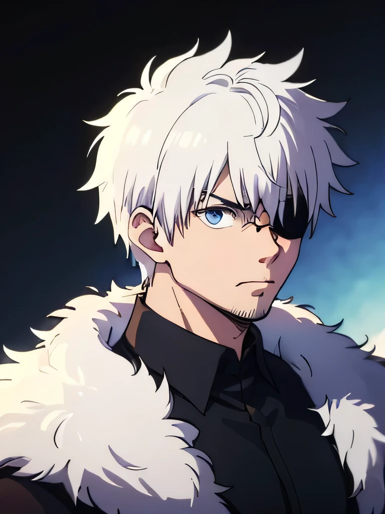 35 year old man , indonesian , have canines, strong , tough , a deputy leader, Wearing an eye patch, white hair color, blue eyeball color, wearing a furry coat , muscular , authoritative , FORWARD LOOKING , doesn't say much , paint, strategist , Not hesitating with his opponent, bearded