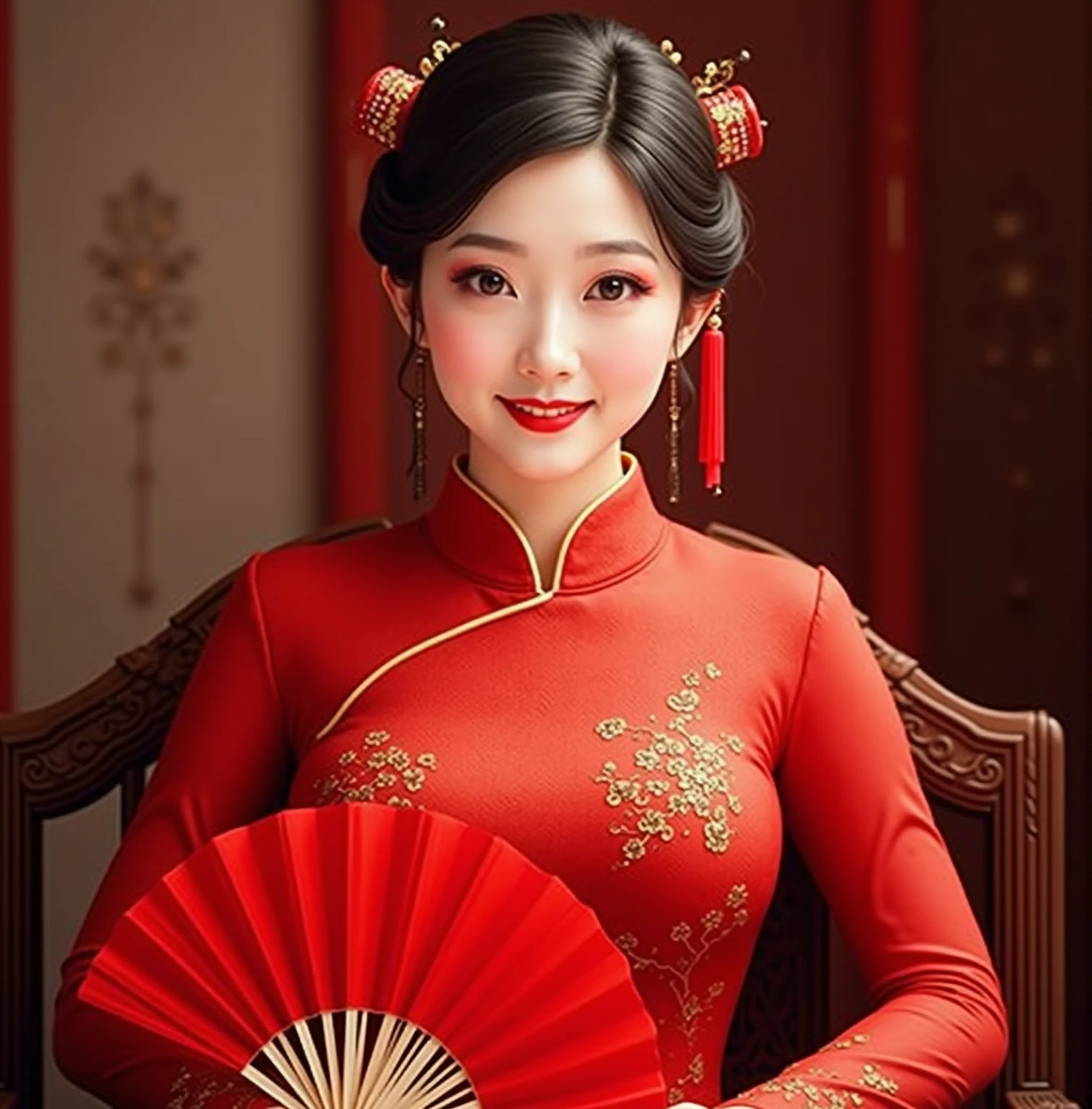 (masterpiece), Realism, high details, high quality, photorealistic, perfect face, expressive eyes, (an attractive woman in Cheongsam ), elegant woman, (light smile), luxury, (black hair with red tips, straight, multicolored hair, colored inner hair), emerald eyes, (full detailed red Cheongsam dress, Hair pins, chinese bikini, wide long sleeves, gold trim),height heel, hourglass body shape, well accentuated curves, slender figure, (Extremely detailed skin texture), Extremely aesthetic, (immersive), stylish, Extremely detailed realistic clothing, twilight, cherry blossom, glow Chinese lanterns, Chinese new year, (red and gold colors schemes), glossy lips, eyeshadow, beautiful makeup ,smiling in a confident, gentle smile,