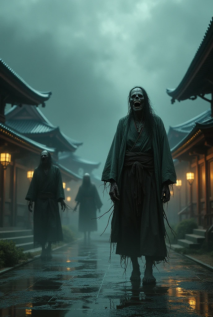 Include unsettling details, with intense focus on sharp, menacing features. Emphasize dark, shadowy elements that obscure and distort, creating a sense of impending doom. Add bloodstained textures and fractured surfaces to enhance a gruesome, nightmarish effect. Incorporate twisted, elongated limbs or appendages that move unnaturally. Highlight eerie, glowing eyes that pierce through darkness, reflecting a deep malevolence. Add hints of decaying or decomposing elements to suggest an ancient, cursed being. Use jagged, irregular forms and sharp edges to evoke a feeling of dread. Surround the figure with an aura of oppressive, foreboding darkness that creeps into every corner of the scene 、"An ultra-realistic depiction of Shichinin Misaki, reimagined with an extremely terrifying appearance. The seven ghostly spirits are now twisted and malevolent figures, each dressed in traditional kimonos that are torn and soaked in blood. Their faces are gaunt and skeletal, with hollow, glowing eyes that pierce through the darkness. Their skin is decayed and peeling, revealing sinew and bone beneath. Their mouths are twisted into unnatural, wide grins filled with sharp, jagged teeth, oozing dark fluid. Their long, disheveled hair hangs like a veil, dripping with a black, tar-like substance. The spirits emit a dark, foreboding aura, their bodies more shadow than flesh, trailing wisps of smoke as they hover just above the ground. The forest background is even darker and more oppressive, with twisted trees and an overwhelming sense of doom, as if the very environment is being consumed by their presence."