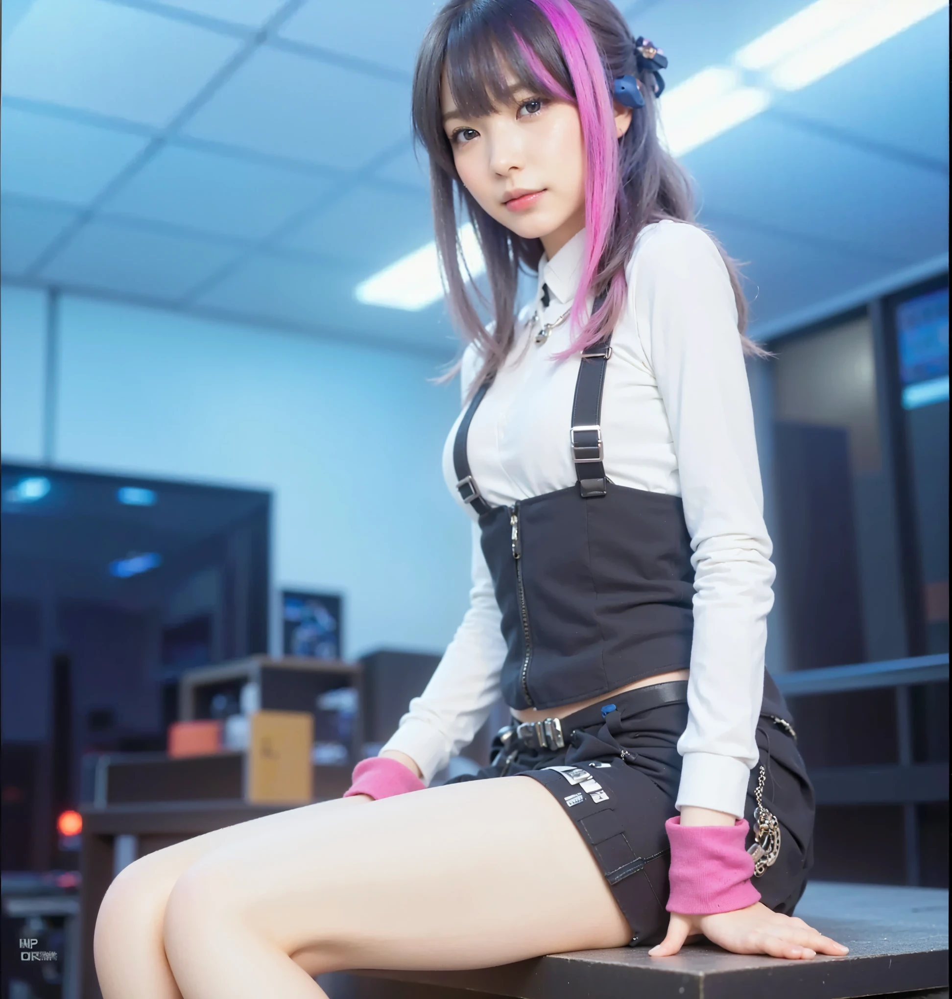 highest quality, masterpiece, ultra high resolution, (realistic: 1.4), RAW photo, 1 girl, Glossy skin, (Super realistic details)), portrait, global illumination, Shadow, octane rendering, 8k, super sharp, big, Raw skin with exposed cleavage, Metal, intricate decorative details, very intricate details, realistic light, Trends in CG society, purple eyes, shining eyes, towards the camera, neon details, sitting, gundam, small led lamp, purple lighting from behind, (pure white thin shirt:1.4), (red lace mini bra), very thin fabric, (bright red mini skirt), Metalのヘッドセット, Light blue short-cut hair, shrine background,