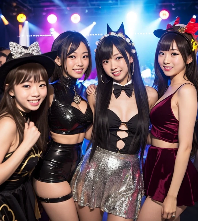 Cute, beautiful Japanese girls dancing in a club atmosphere with bright lights, flashing lights and dynamic colors