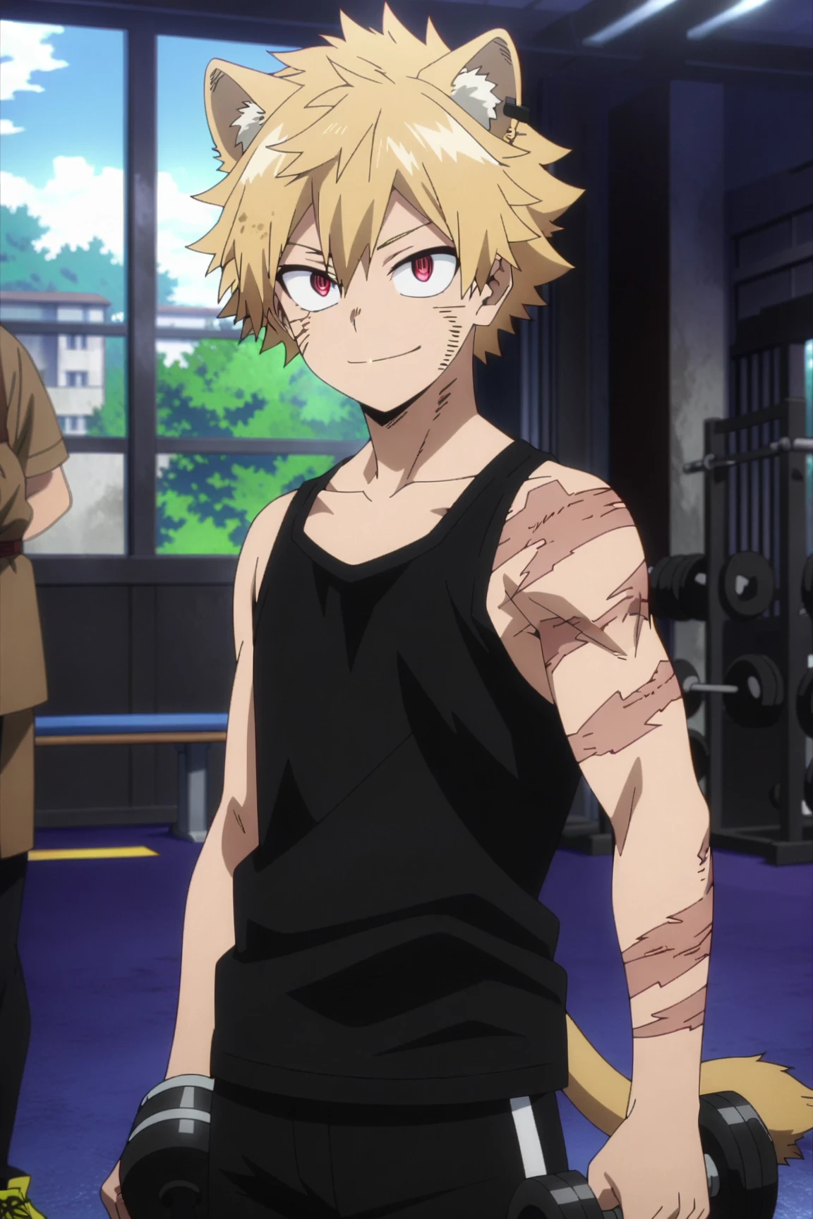 <lora:weisz_steiner:1>, (((weisz-v2))),1boy,solo,short hair, blonde hair,black eyes, simple black shirt shirt, khaki pants, smiling, spiked bangs,