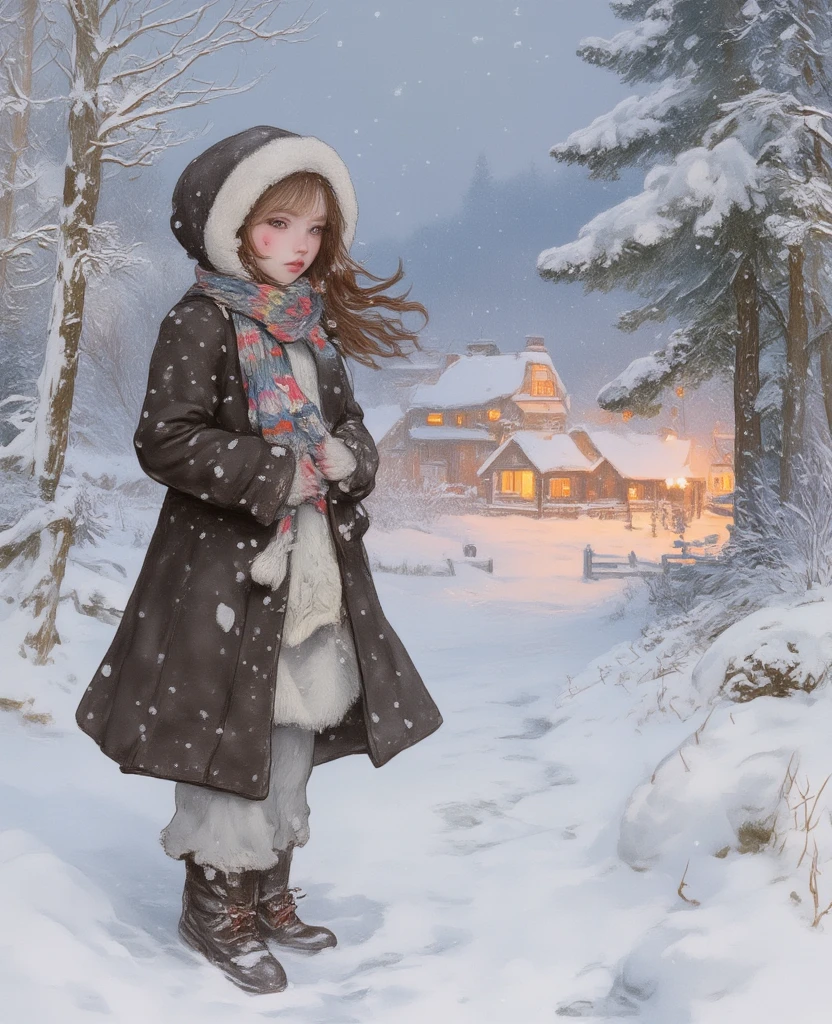 oil painting, Little desperate hopelessly freezing girl with ragged medieval clothes dirty and without shoes in the snow. Dishevelled hair, Tears run down her cheeks, Night falls and fog rolls in, oil painting,