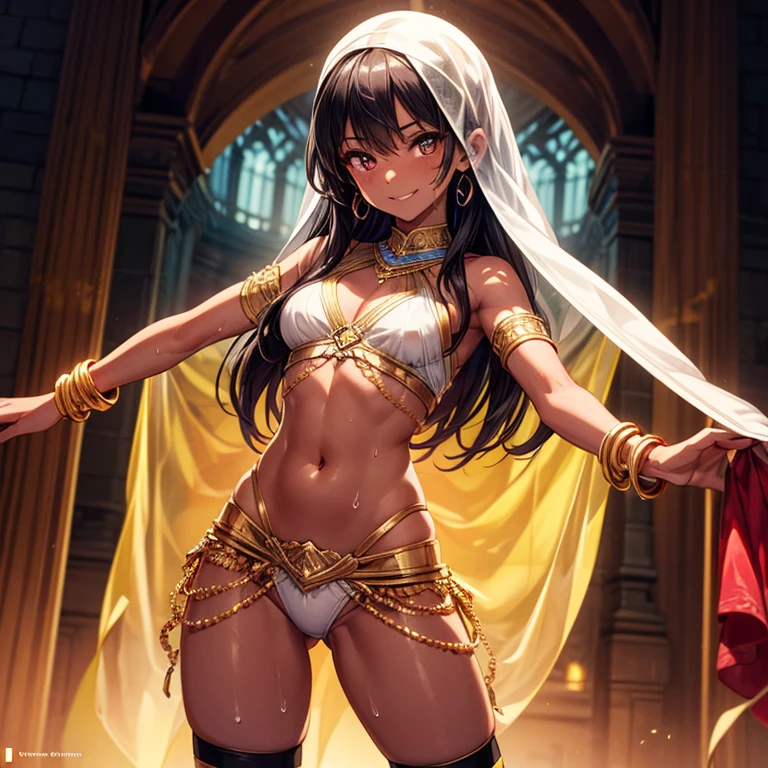 Woman in Arabic Costume,Arabian Dancer,Dressed as an emperor, Chef's attire,God of the Galaxy, Brom redshift, wuxia,Braid,Black Hair,Modest chest,Muscular,Larger thighs,Ethnic kitchen