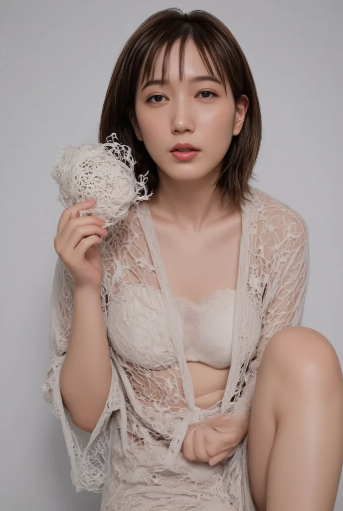 (highest quality, 8k, 32k, masterpiece, Ultra-high resolution:1.2),Beautiful Japanese Women Photos, Small breasts, very short bob hair,whole body,(Pink lingerie:1.1) necklace, Simple Background, Look around