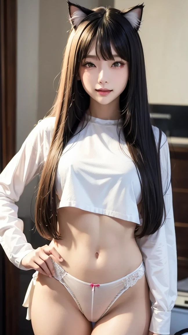 Beautiful 18 year old girl with beautiful long straight black hair wearing a brown cropped blouse and high waisted white jeans with a black cloth belt showing her oblong navel