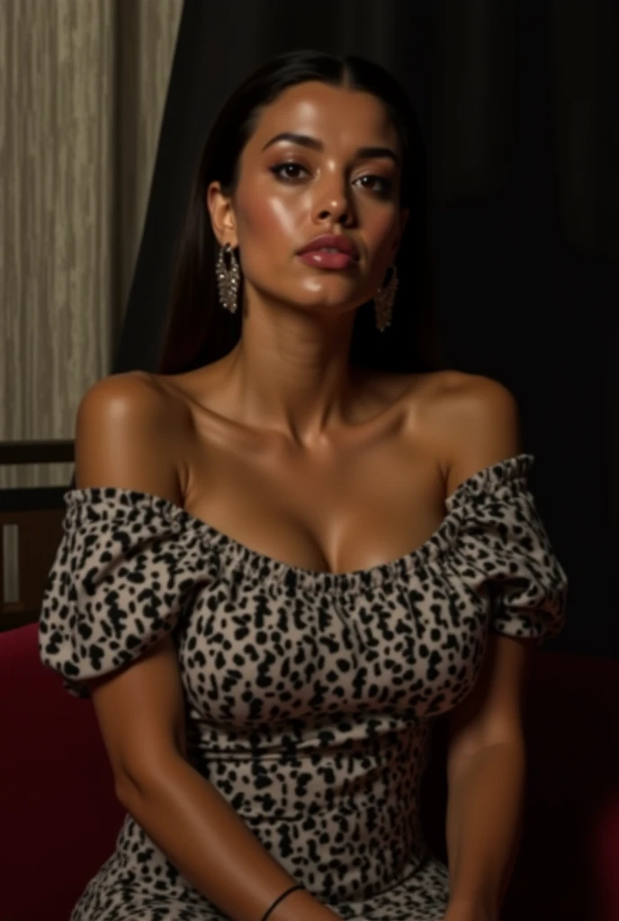 bloom, Lens Reflection, (8K, born, Professional, Highest quality, masterpiece: 1.2), (Realistic, photoRealistic: 1.37), Super detailed, (Wide-angle 25mm portrait), (Most detailed skin: 1.2), Highly detailed face, Cinema Lighting, One girl, Black curly hair, (the wind is strong), Standing on the couch, Dark Light, Looking into the camera, Large Breasts, black and red blouse