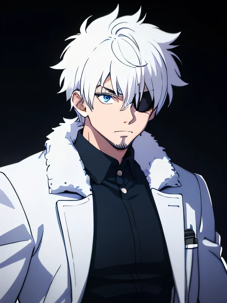 35 year old man , indonesian , have canines, strong , tough ,  a deputy leader, Wearing an eye patch, white hair color, blue eyeball color, wearing a furry coat , muscular , authoritative ,  FORWARD LOOKING ,  doesn't say much , paint,  strategist , Not hesitating with his opponent, bearded 