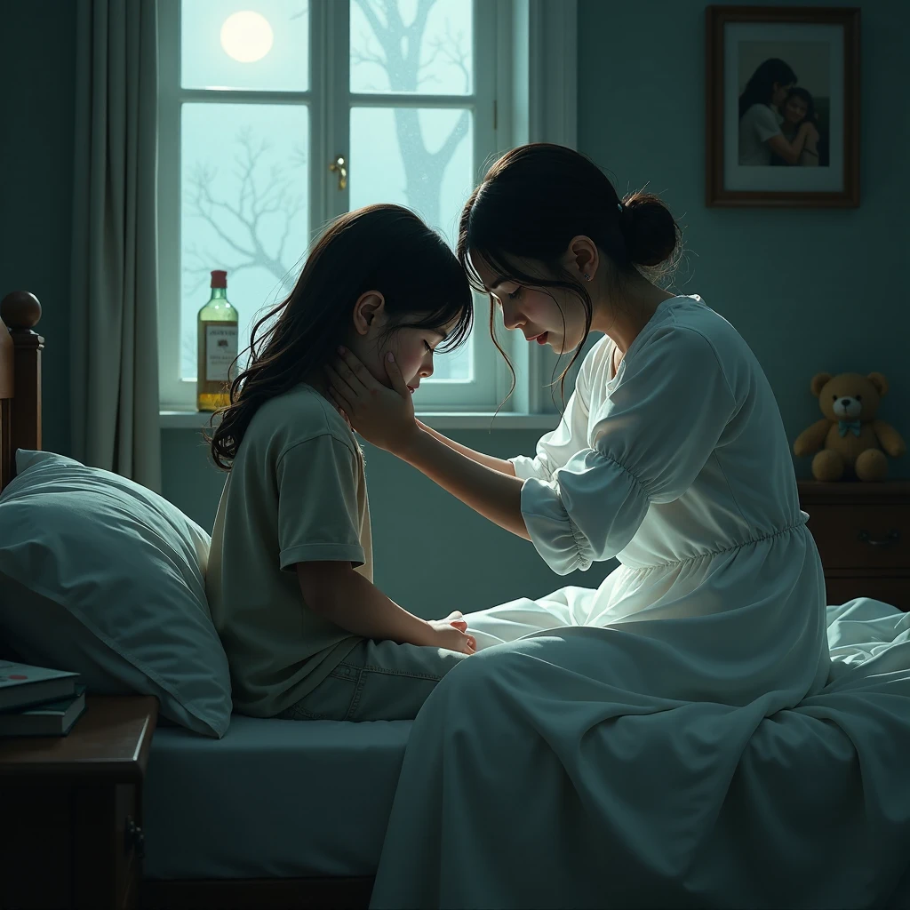 In a peaceful room bathed in the soft light of dusk, a young girl kneels by her mother’s bed. Her hands clasped in fervent prayer, her face is filled with deep concern and hope. The mother, lying weak, rests peacefully under the sheets. The atmosphere is one of serenity and devotion, with delicate shadows cast on the walls by the soft light of a bedside lamp.