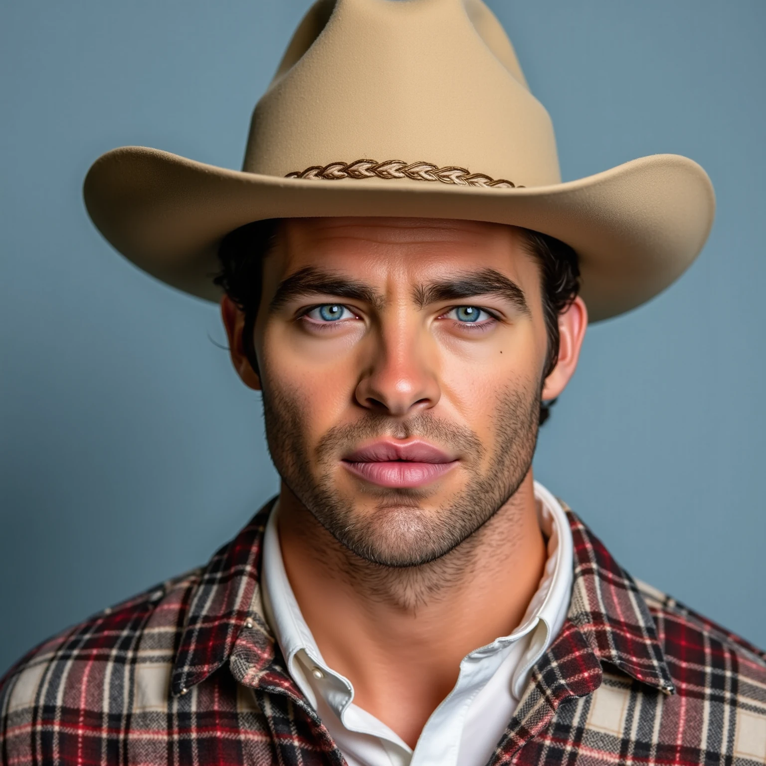 Man arafed wearing a cowboy hat and plaid shirt posing for a photo, a colored photo inspired by Clint Cearley, Trends on Pexels, fantastical realism, Western clothing, Cowboy style, Mexican cowboy, con una camisa de flannel, 🤠 using a 🖥, Cowboy theme, flannel, Male and resistant, with a plaid shirt, Country style