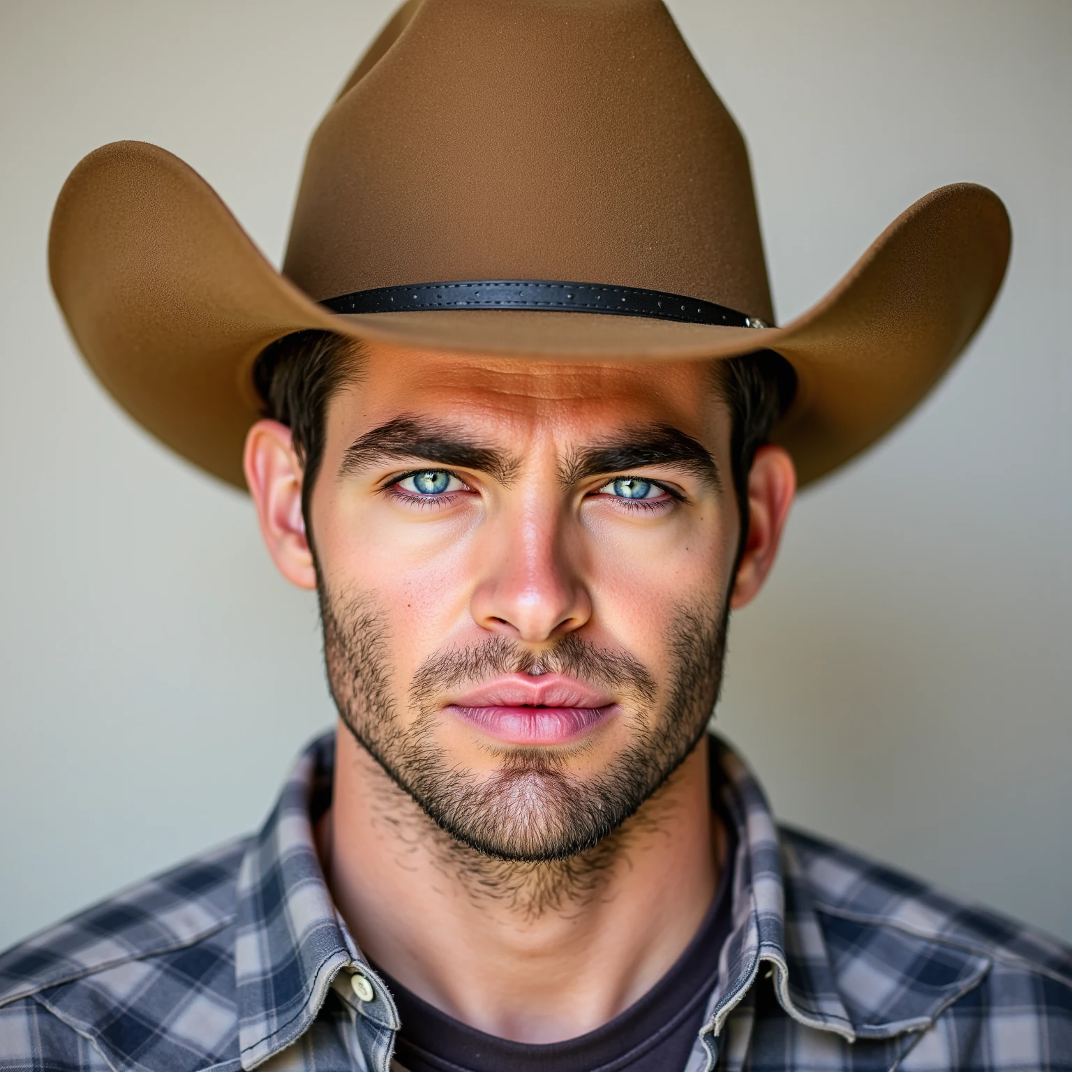Man arafed wearing a cowboy hat and plaid shirt posing for a photo, a colored photo inspired by Clint Cearley, Trends on Pexels, fantastical realism, Western clothing, Cowboy style, Mexican cowboy, con una camisa de flannel, 🤠 using a 🖥, Cowboy theme, flannel, Male and resistant, with a plaid shirt, Country style