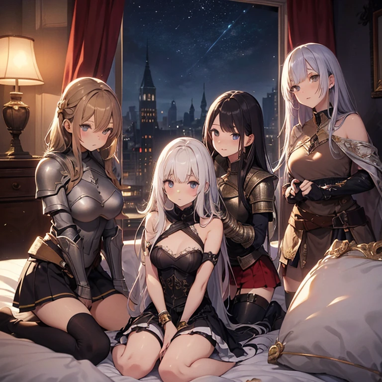 A group of female medieval fantasy adventurers, (in bedroom), various hair styles, harem, night, details face, short skirt, seducing, sleeveless, armor